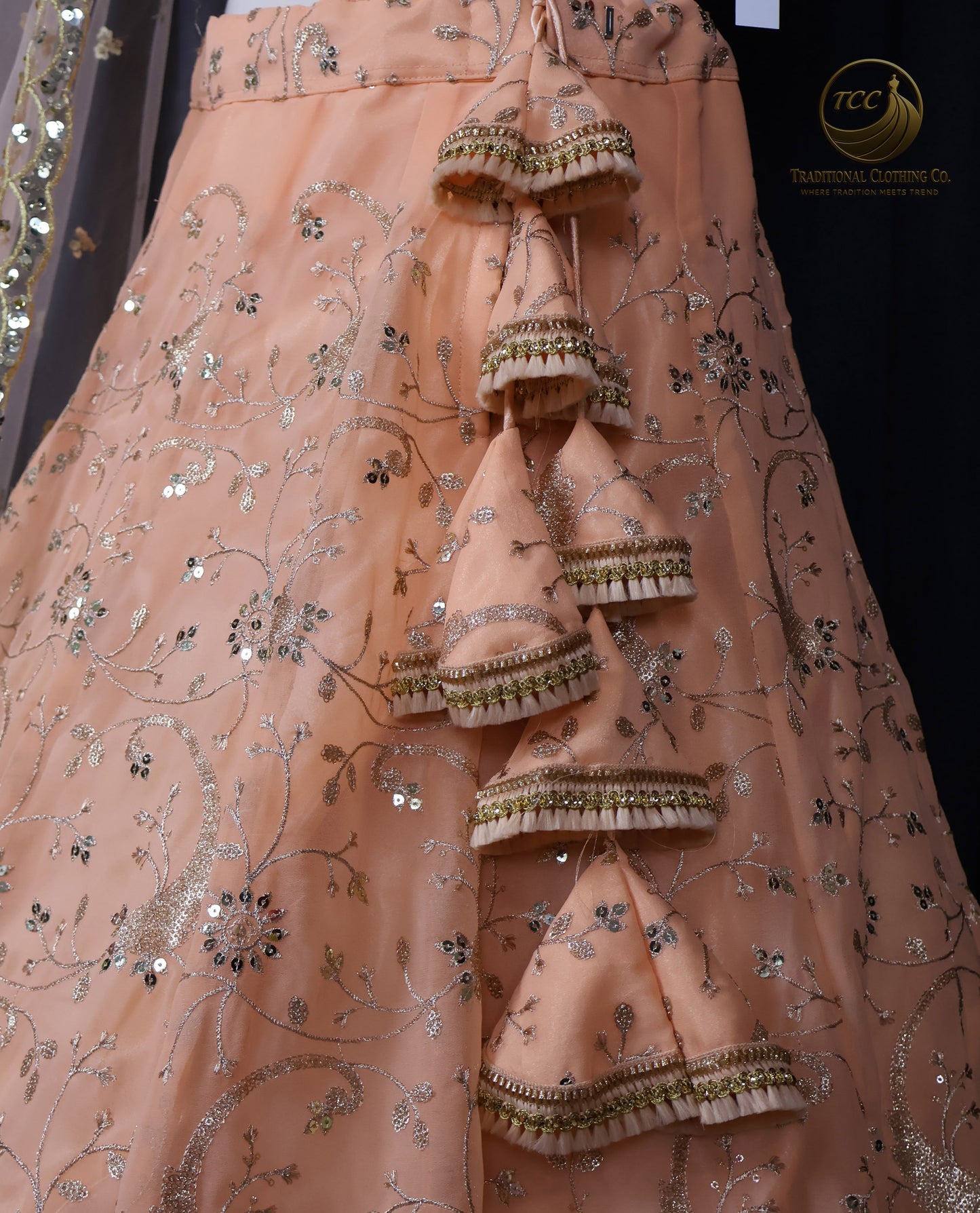 Elegant Peach Embroidered Lehenga Choli – 4-Piece Set with Dupatta & Matching Potli Bag