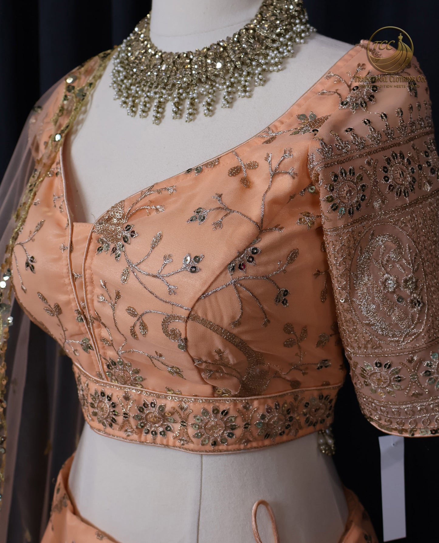 Elegant Peach Embroidered Lehenga Choli – 4-Piece Set with Dupatta & Matching Potli Bag