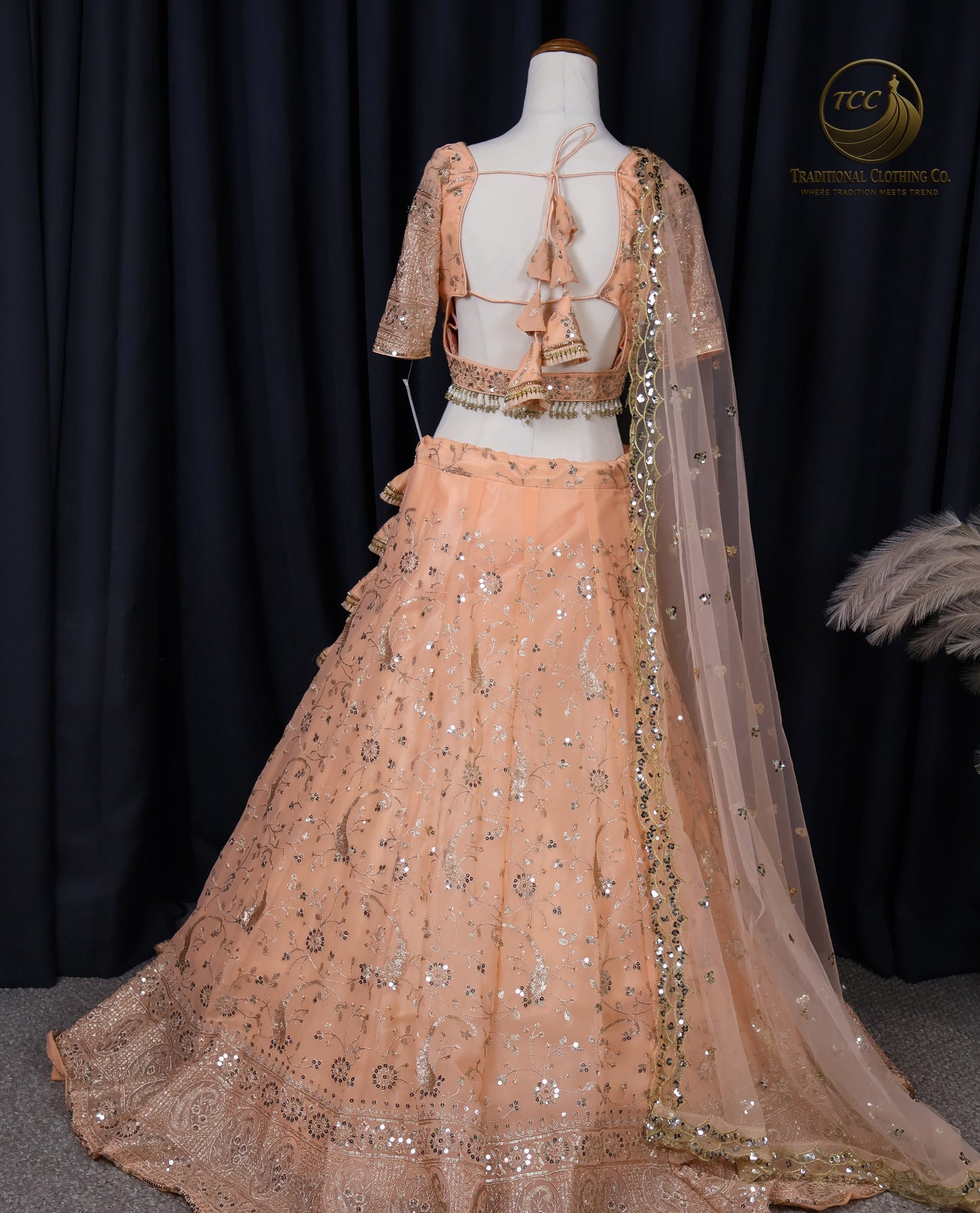 Elegant Peach Embroidered Lehenga Choli – 4-Piece Set with Dupatta & Matching Potli Bag