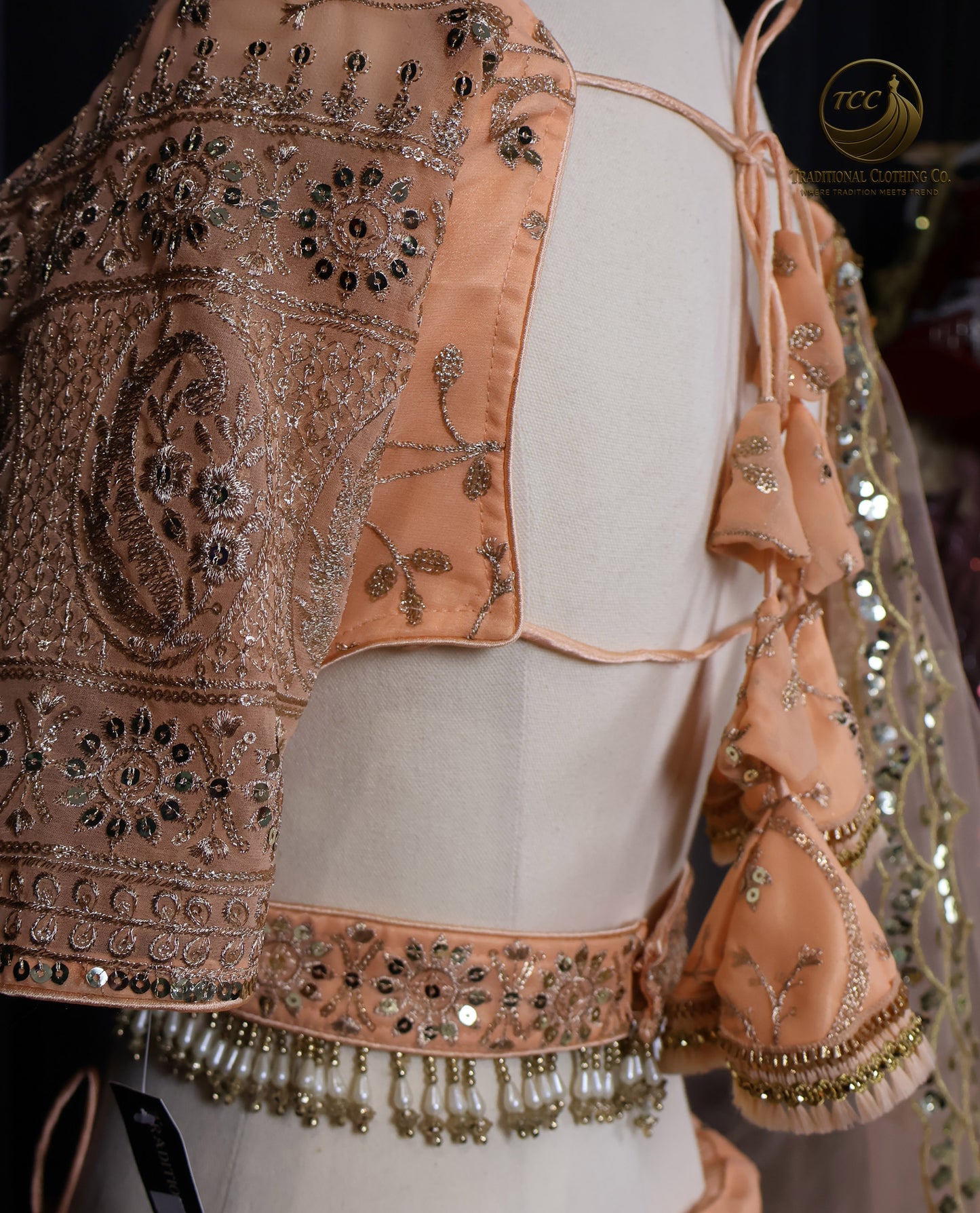 Elegant Peach Embroidered Lehenga Choli – 4-Piece Set with Dupatta & Matching Potli Bag