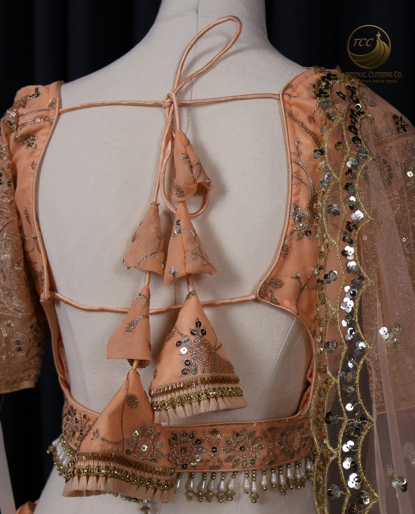 Elegant Peach Embroidered Lehenga Choli – 4-Piece Set with Dupatta & Matching Potli Bag