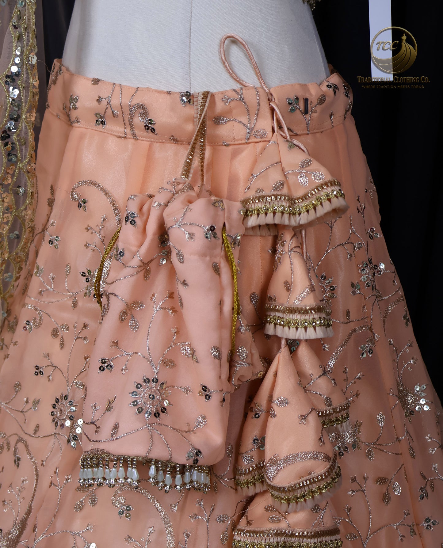 Elegant Peach Embroidered Lehenga Choli – 4-Piece Set with Dupatta & Matching Potli Bag