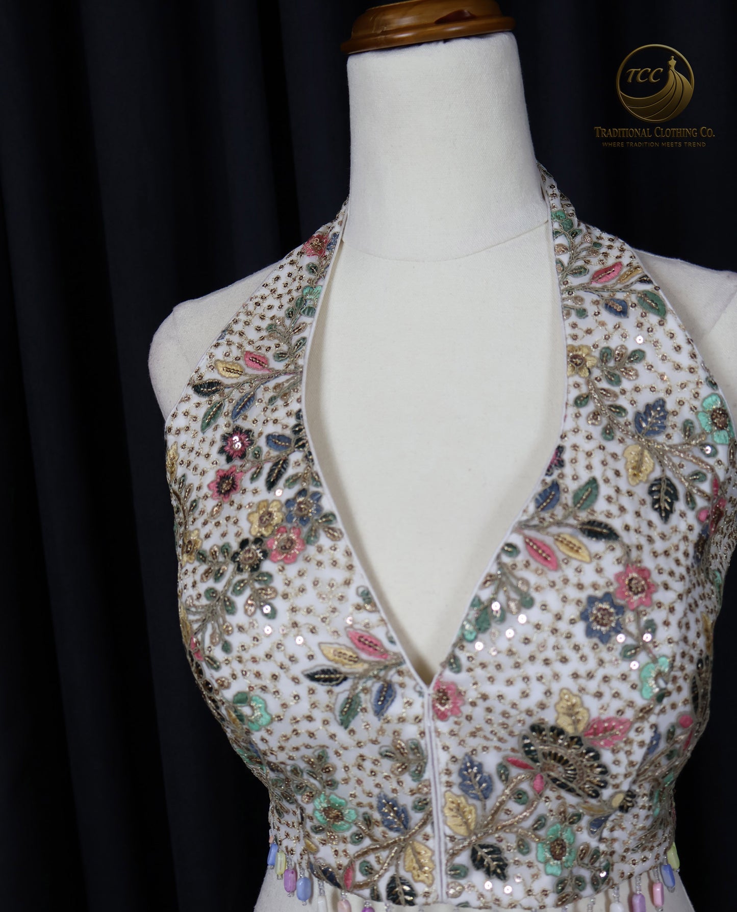 Embroidered and Threadwork Halter Blouse – Intricate Floral Design with Beaded Hem