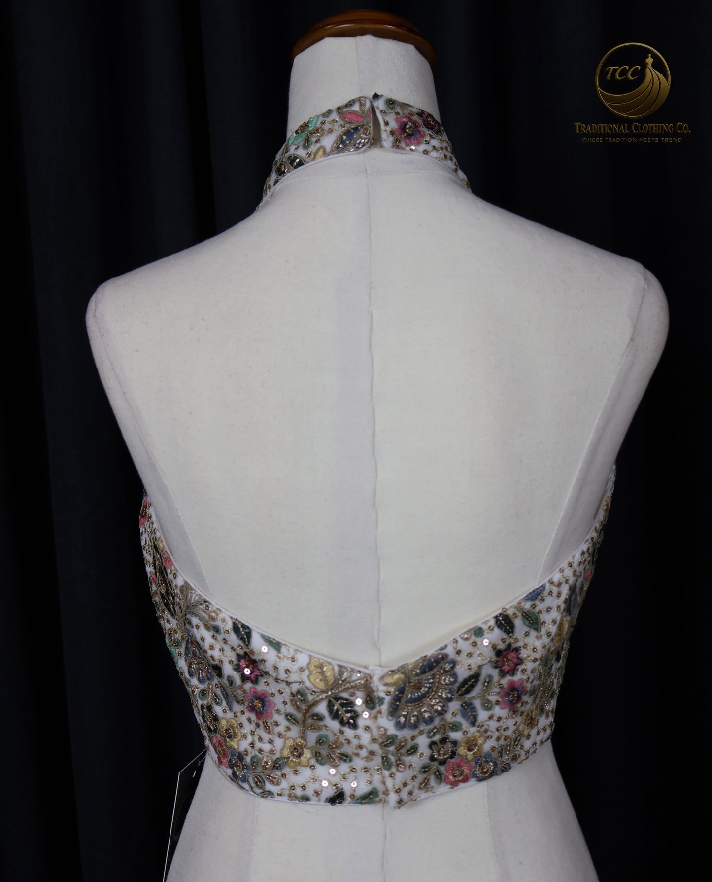 Embroidered and Threadwork Halter Blouse – Intricate Floral Design with Beaded Hem