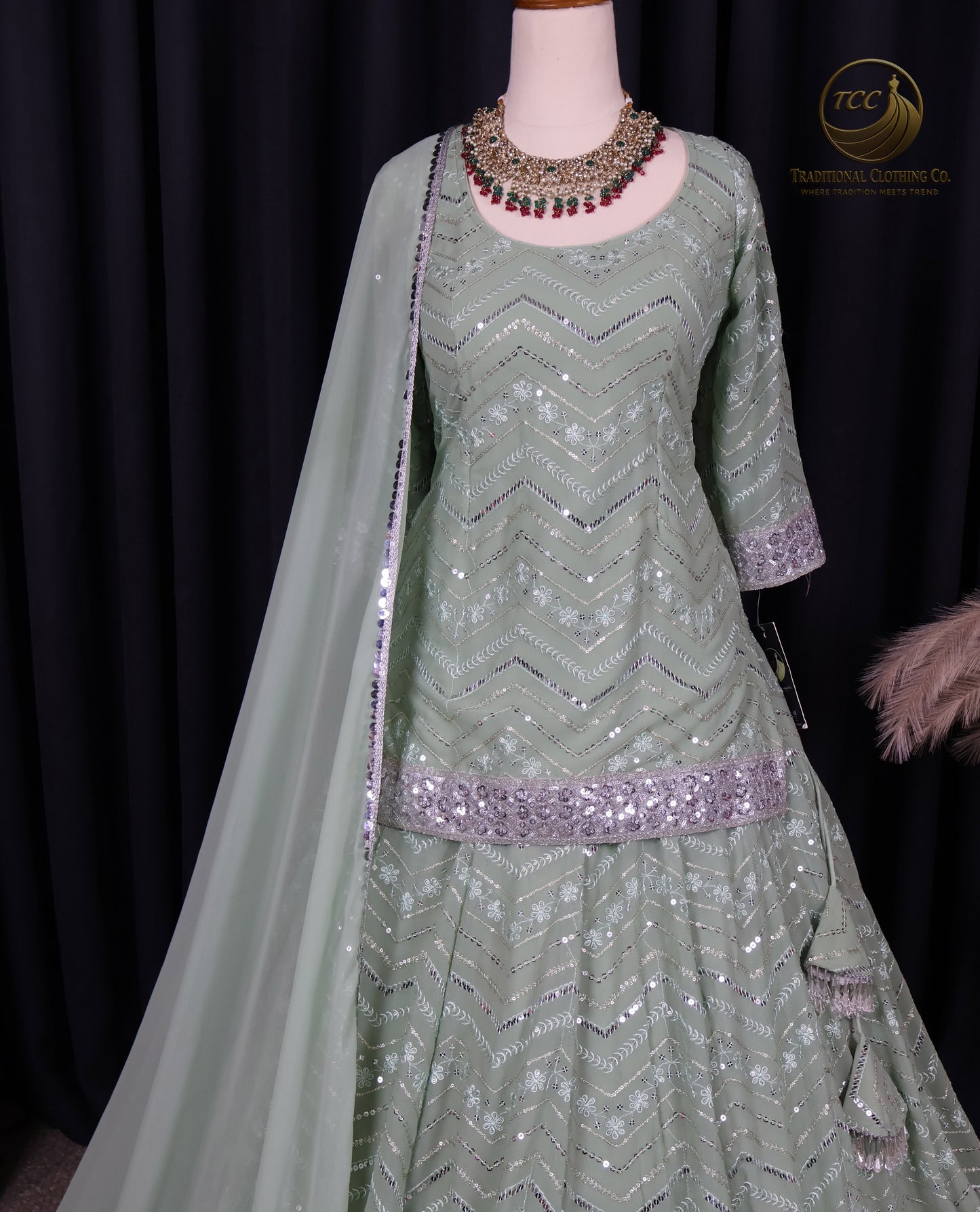 Mint Green Chevron Sequin Lehenga Set with Blouse and Dupatta