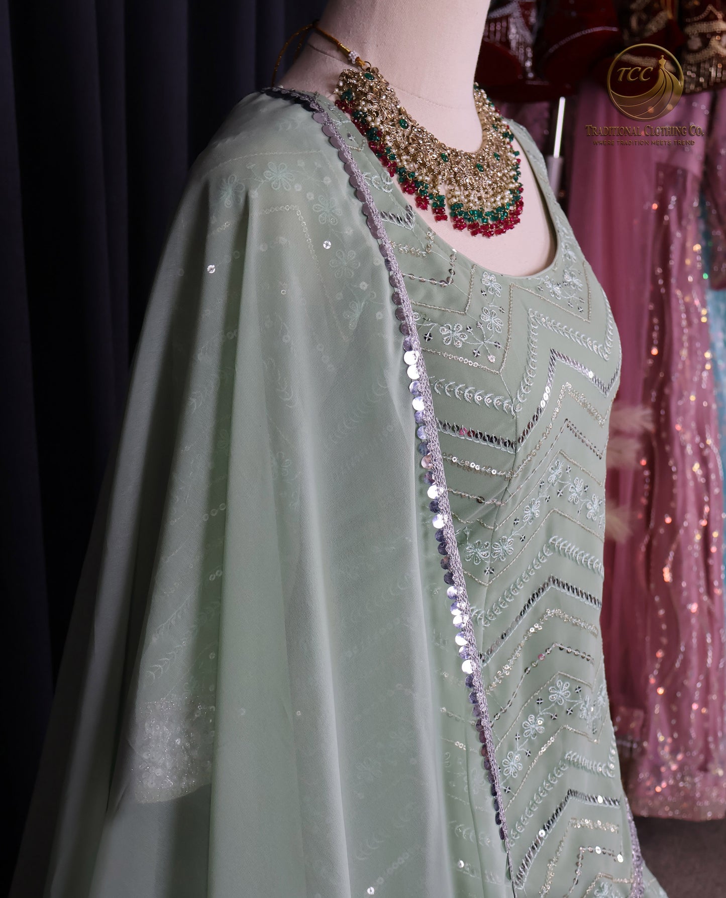 Mint Green Chevron Sequin Lehenga Set with Blouse and Dupatta