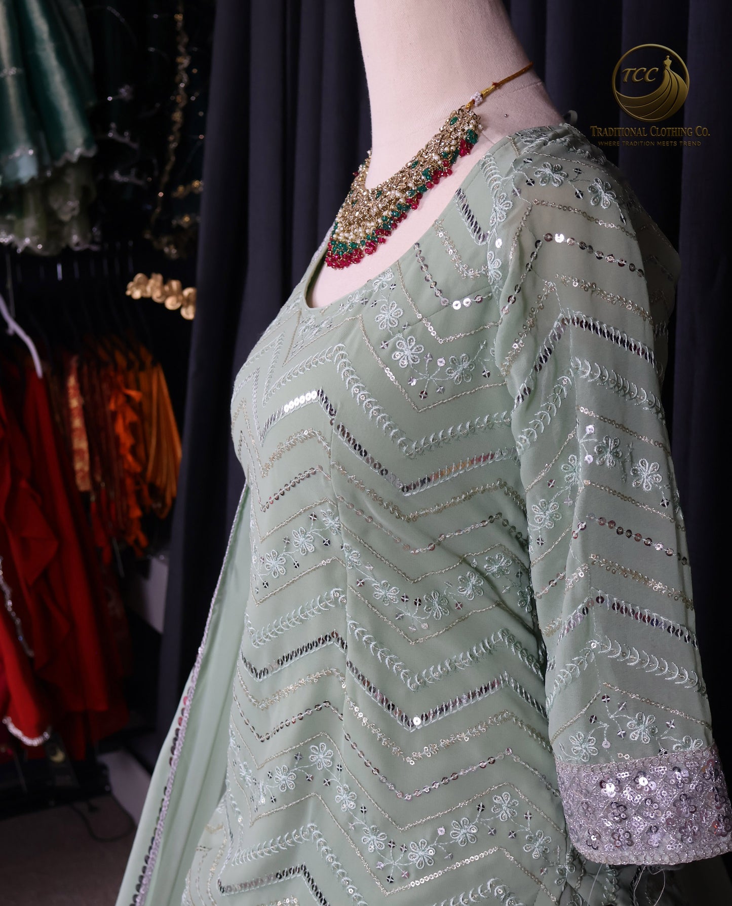 Mint Green Chevron Sequin Lehenga Set with Blouse and Dupatta