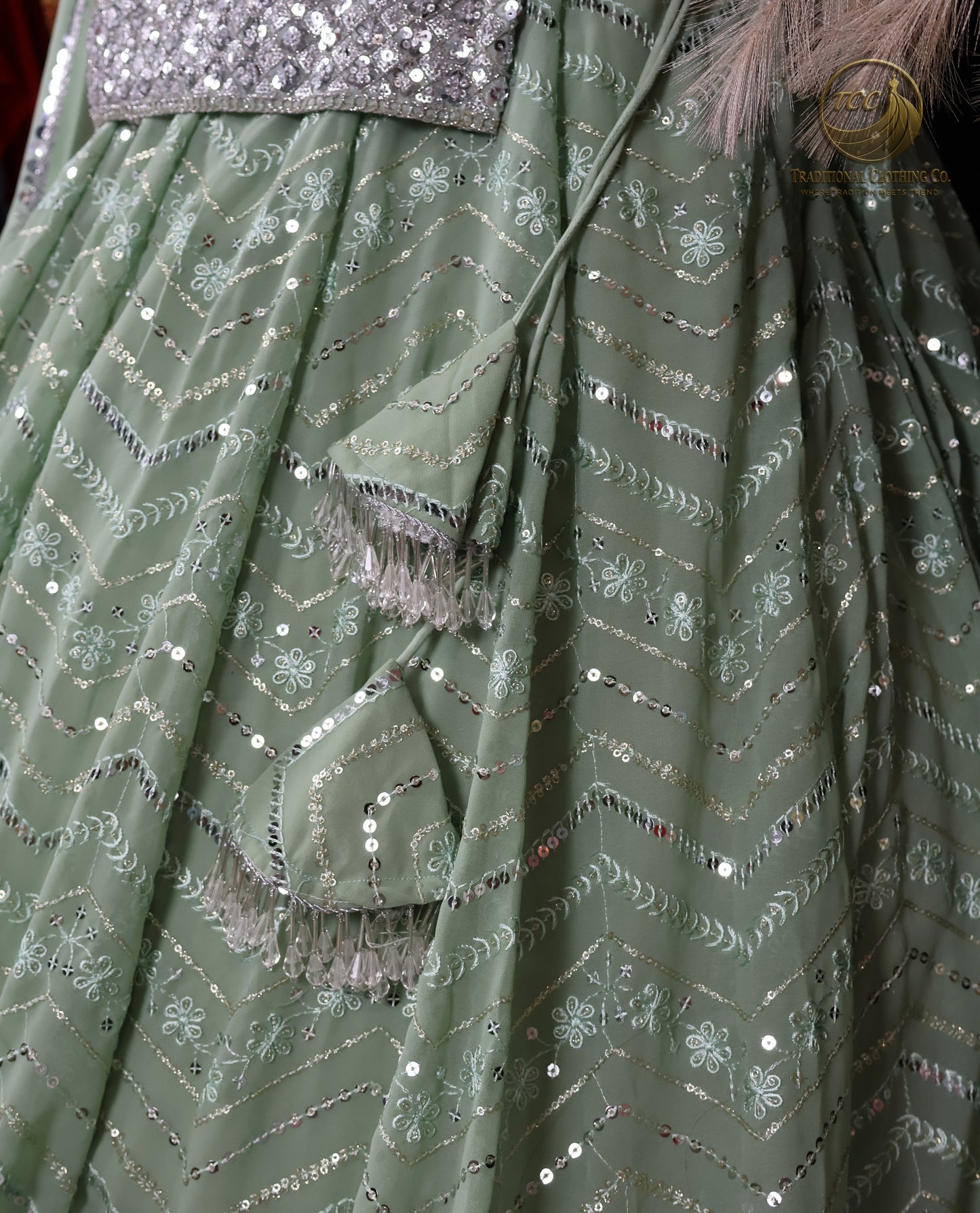 Mint Green Chevron Sequin Lehenga Set with Blouse and Dupatta