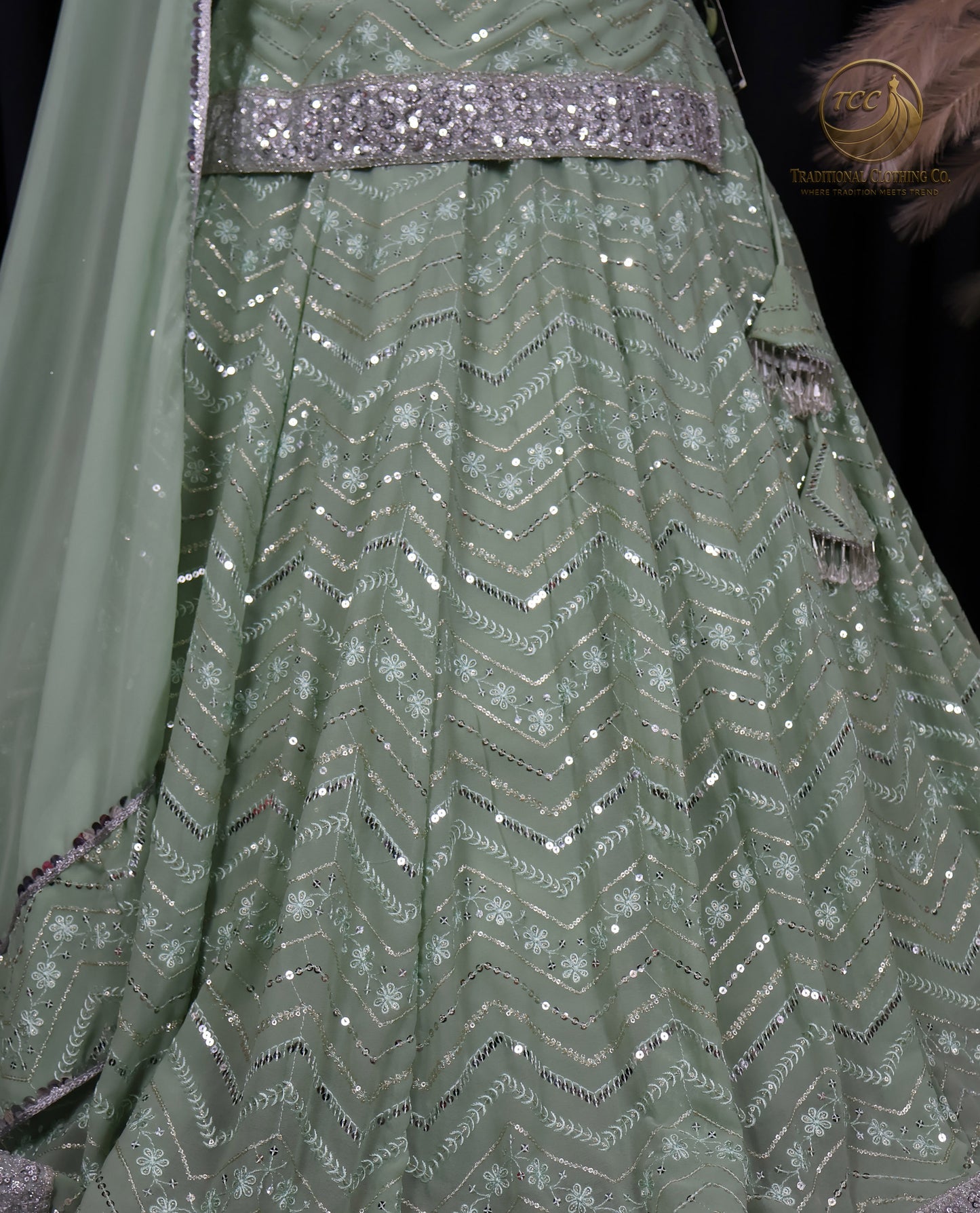 Mint Green Chevron Sequin Lehenga Set with Blouse and Dupatta