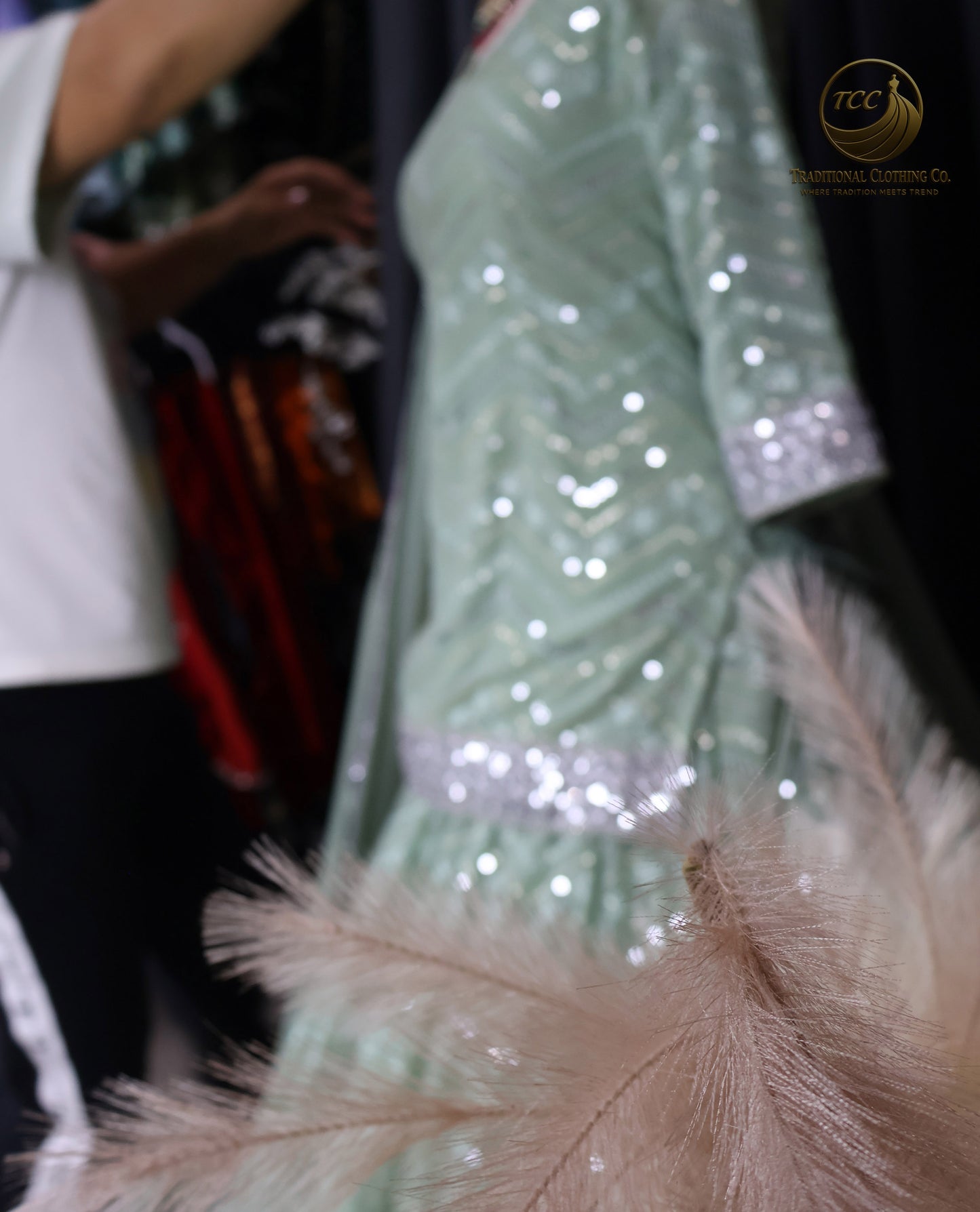Mint Green Chevron Sequin Lehenga Set with Blouse and Dupatta