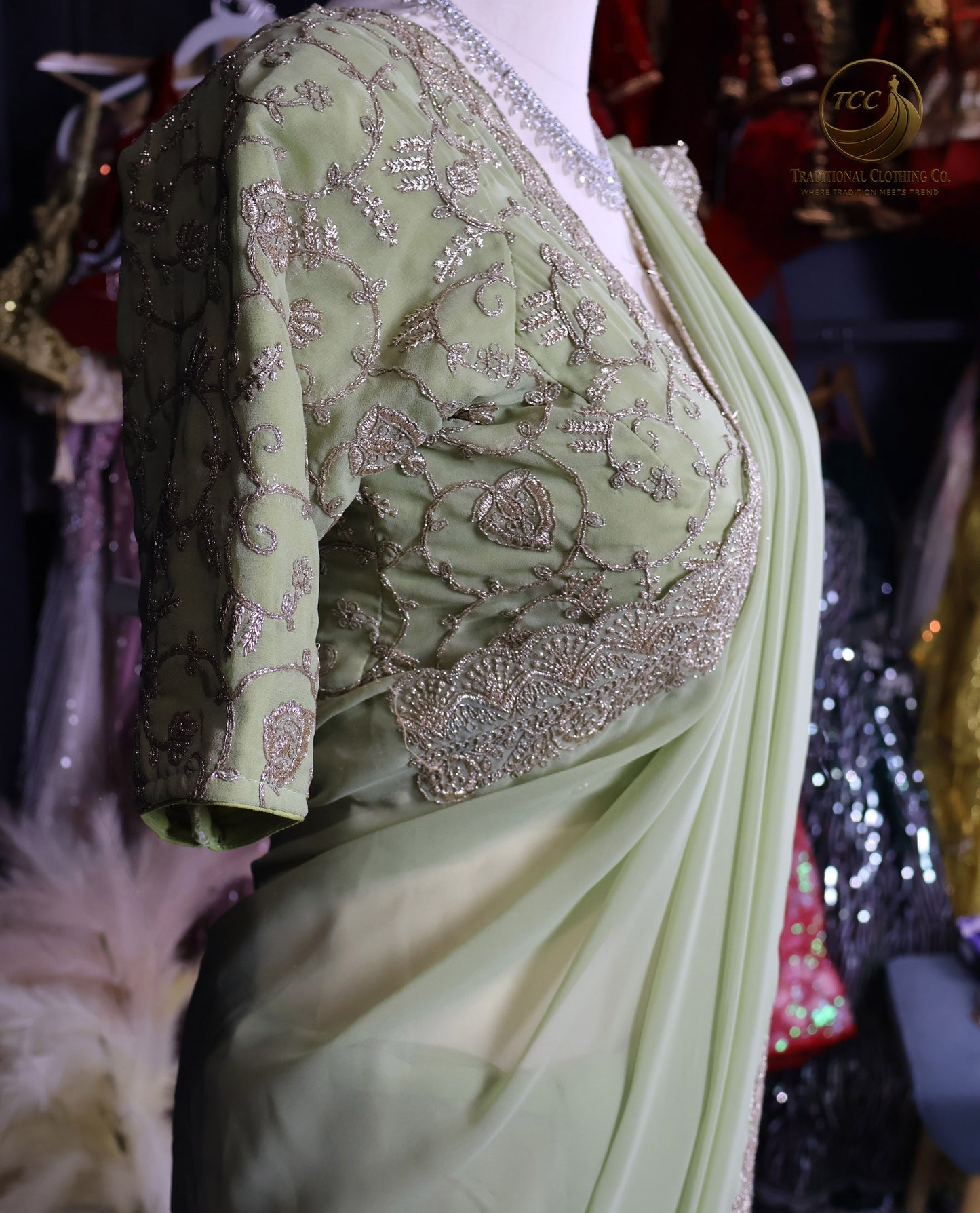 Elegant Green Embroidered Traditional Ready to wear Saree Set – Festive Wear for Women | 2-Piece Ethnic Dress