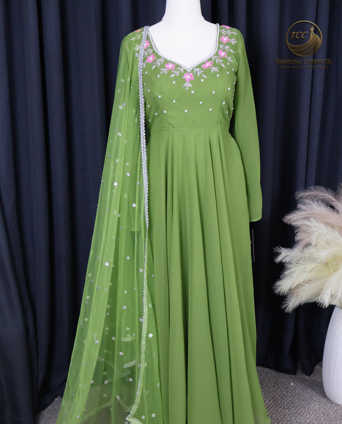 Elegant Green Embroidered Traditional Anarkali Set with Dupatta – Formal 3-Piece Women’s Wear | Boutique Edition