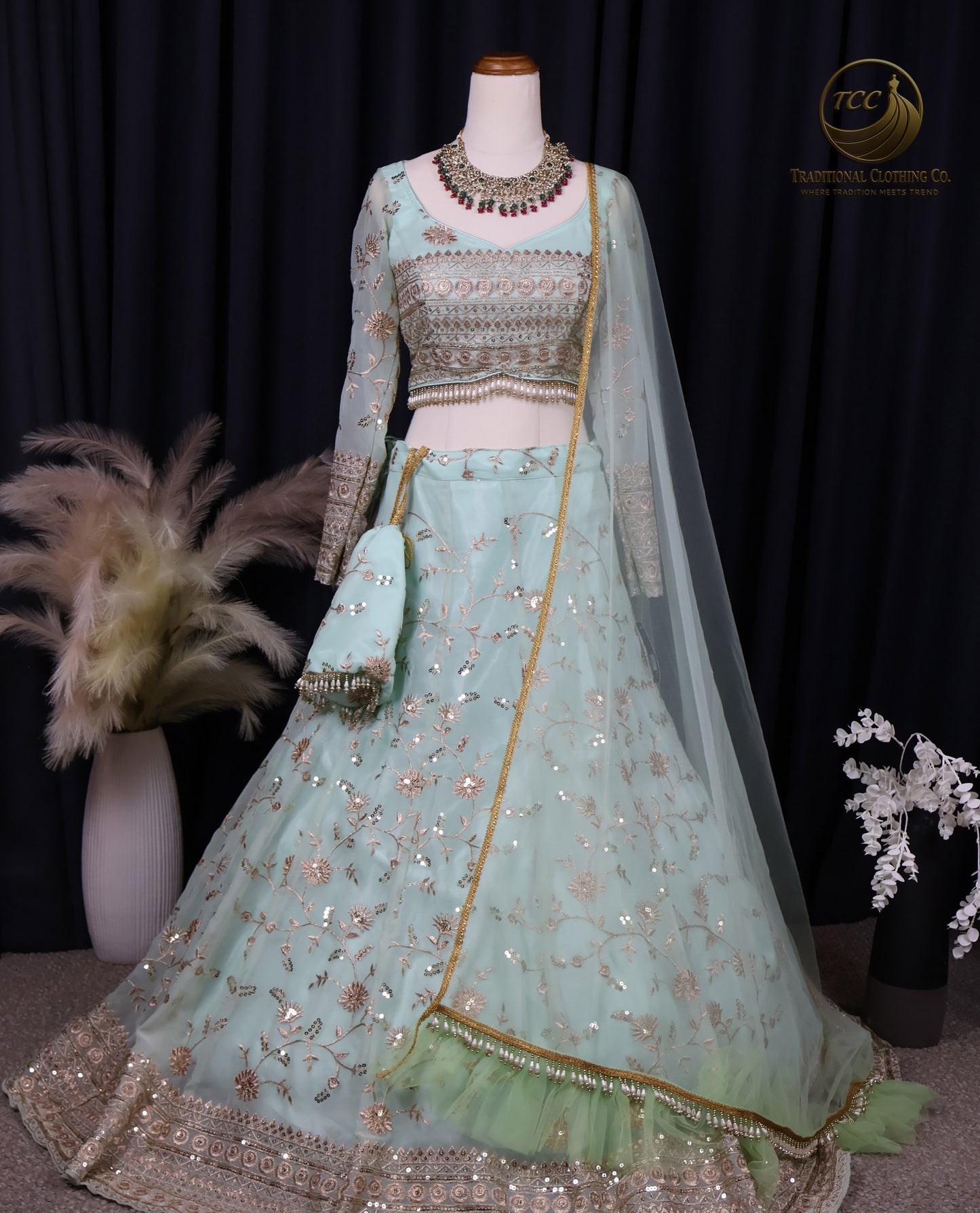 Elegant Light Green & Gold Embroidered Lehenga Choli with Sheer Dupatta – Traditional Festive Wear