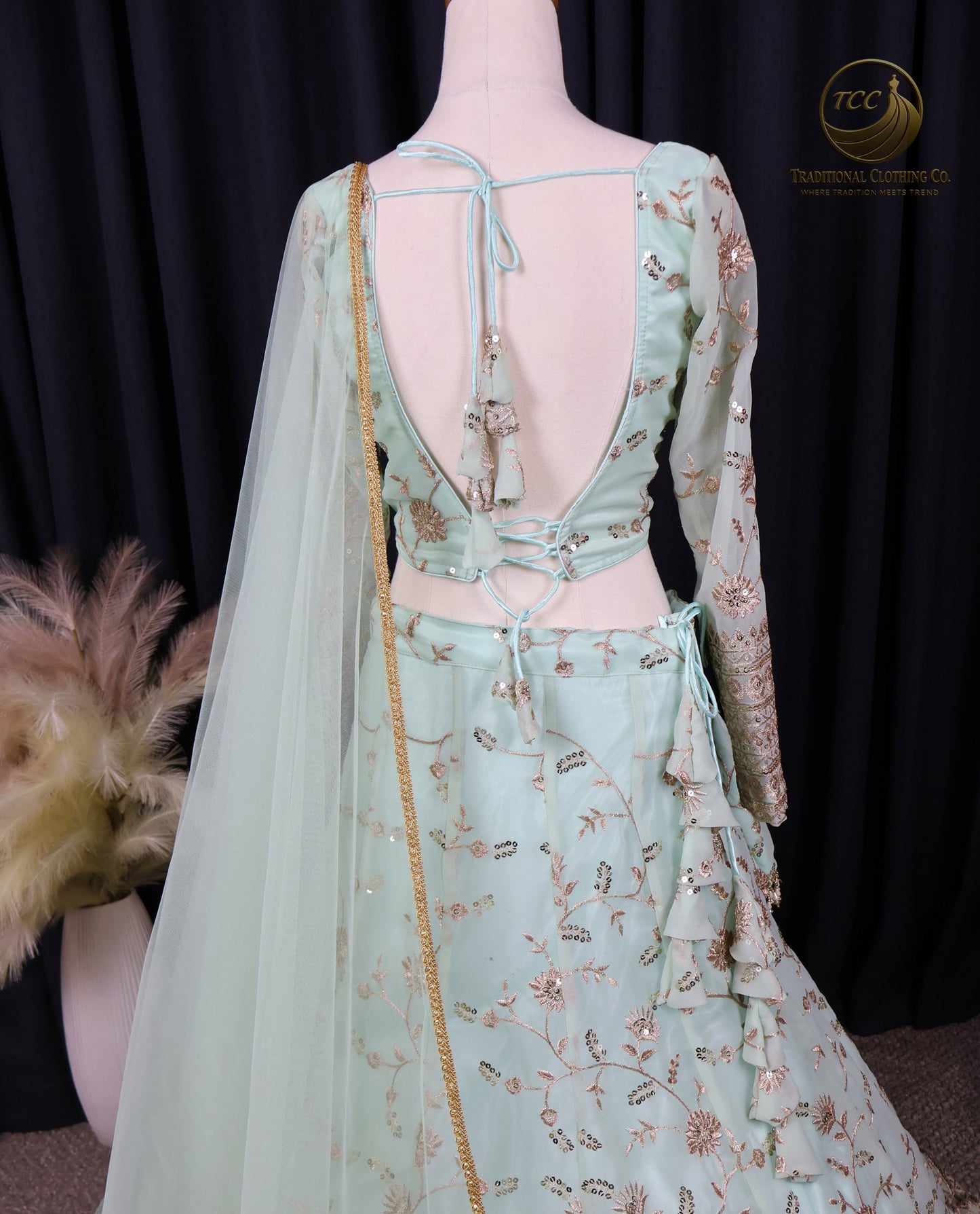 Elegant Light Green & Gold Embroidered Lehenga Choli with Sheer Dupatta – Traditional Festive Wear