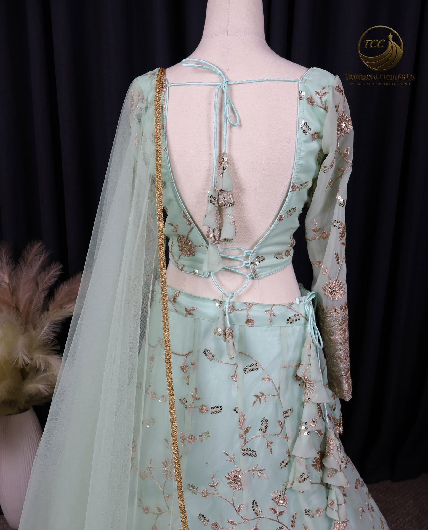 Elegant Light Green & Gold Embroidered Lehenga Choli with Sheer Dupatta – Traditional Festive Wear