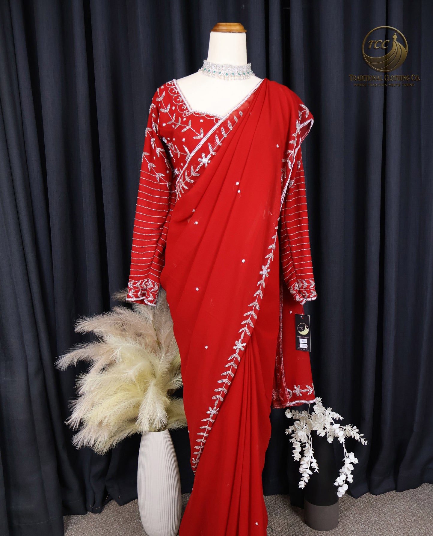 Elegant Handwork Red Saree with Intricate White Stonework – Traditional Ethnic Wear | Ready to Wear - Boutique Edition