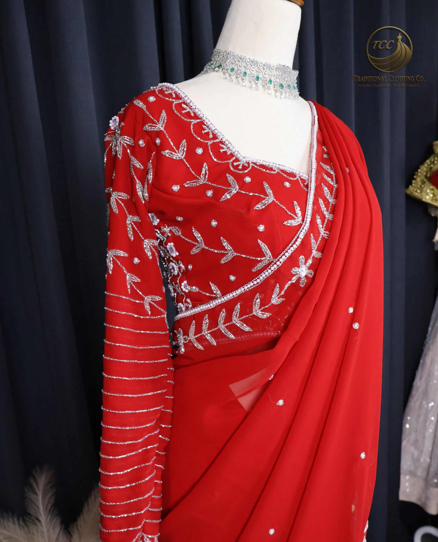 Elegant Handwork Red Saree with Intricate White Stonework – Traditional Ethnic Wear | Ready to Wear - Boutique Edition
