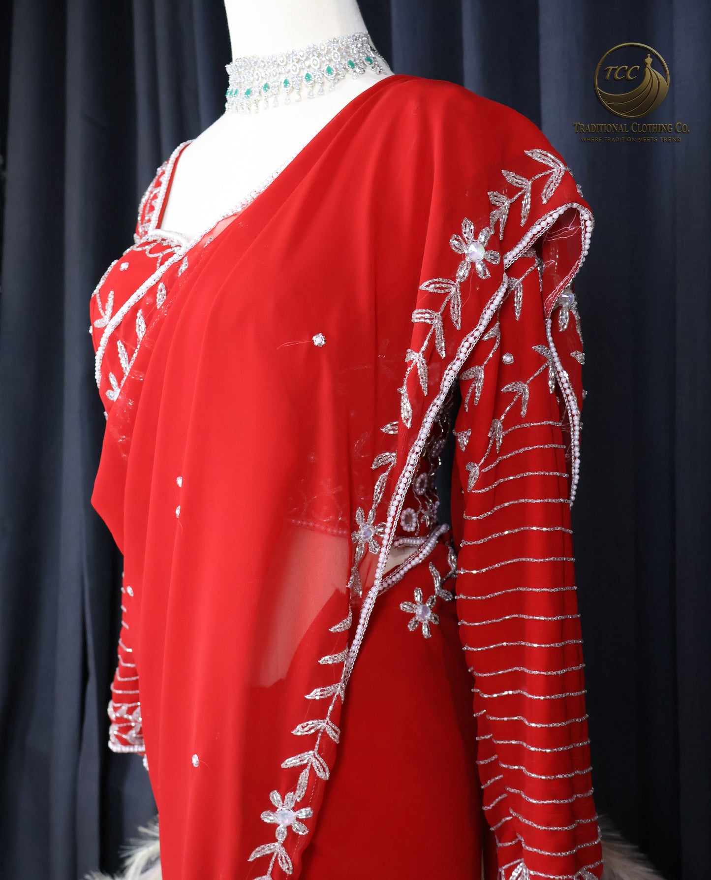 Elegant Handwork Red Saree with Intricate White Stonework – Traditional Ethnic Wear | Ready to Wear - Boutique Edition