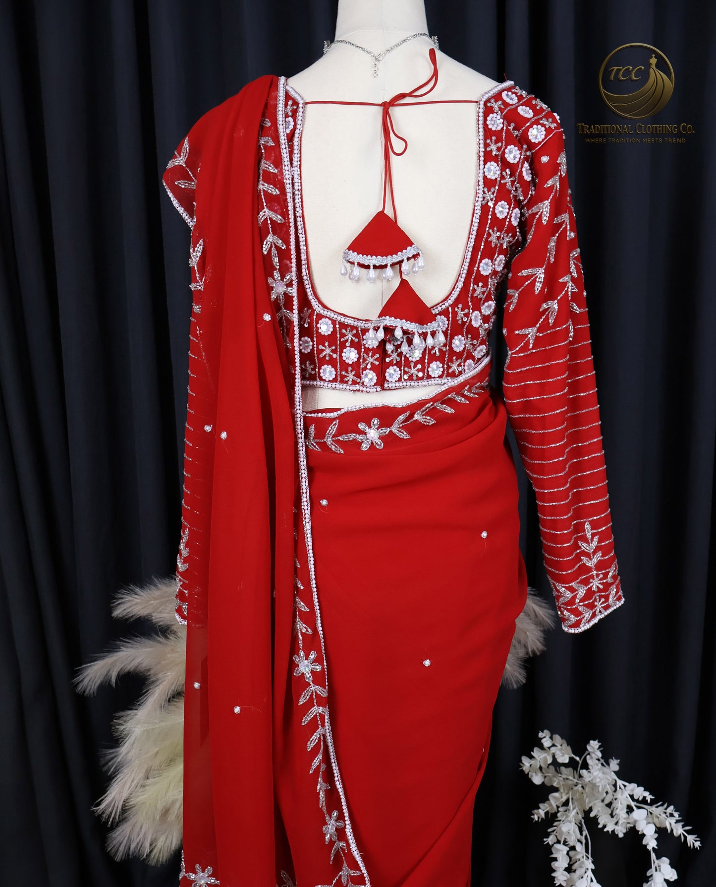 Elegant Handwork Red Saree with Intricate White Stonework – Traditional Ethnic Wear | Ready to Wear - Boutique Edition