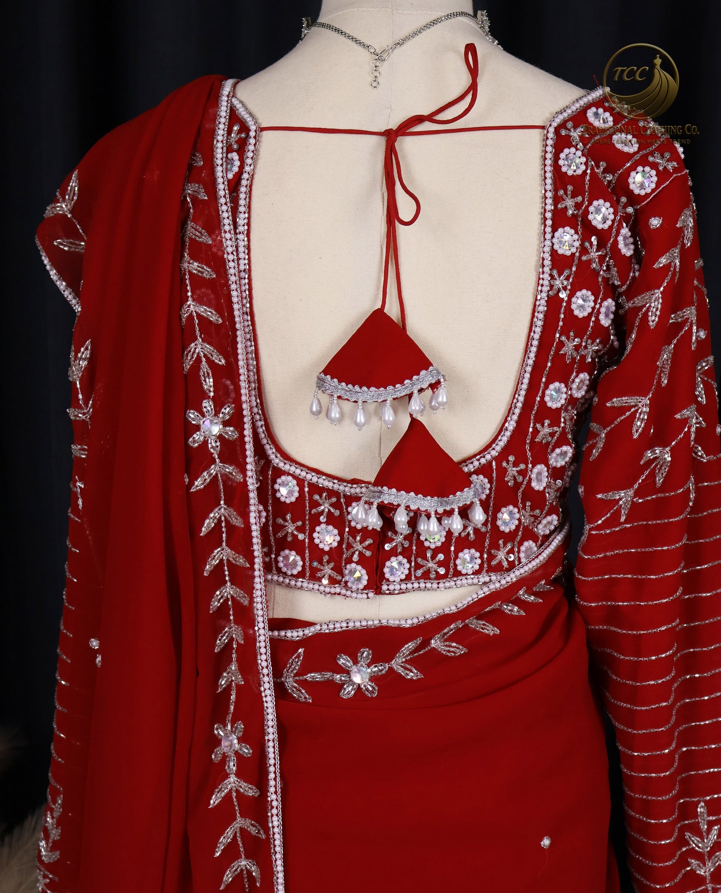 Elegant Handwork Red Saree with Intricate White Stonework – Traditional Ethnic Wear | Ready to Wear - Boutique Edition