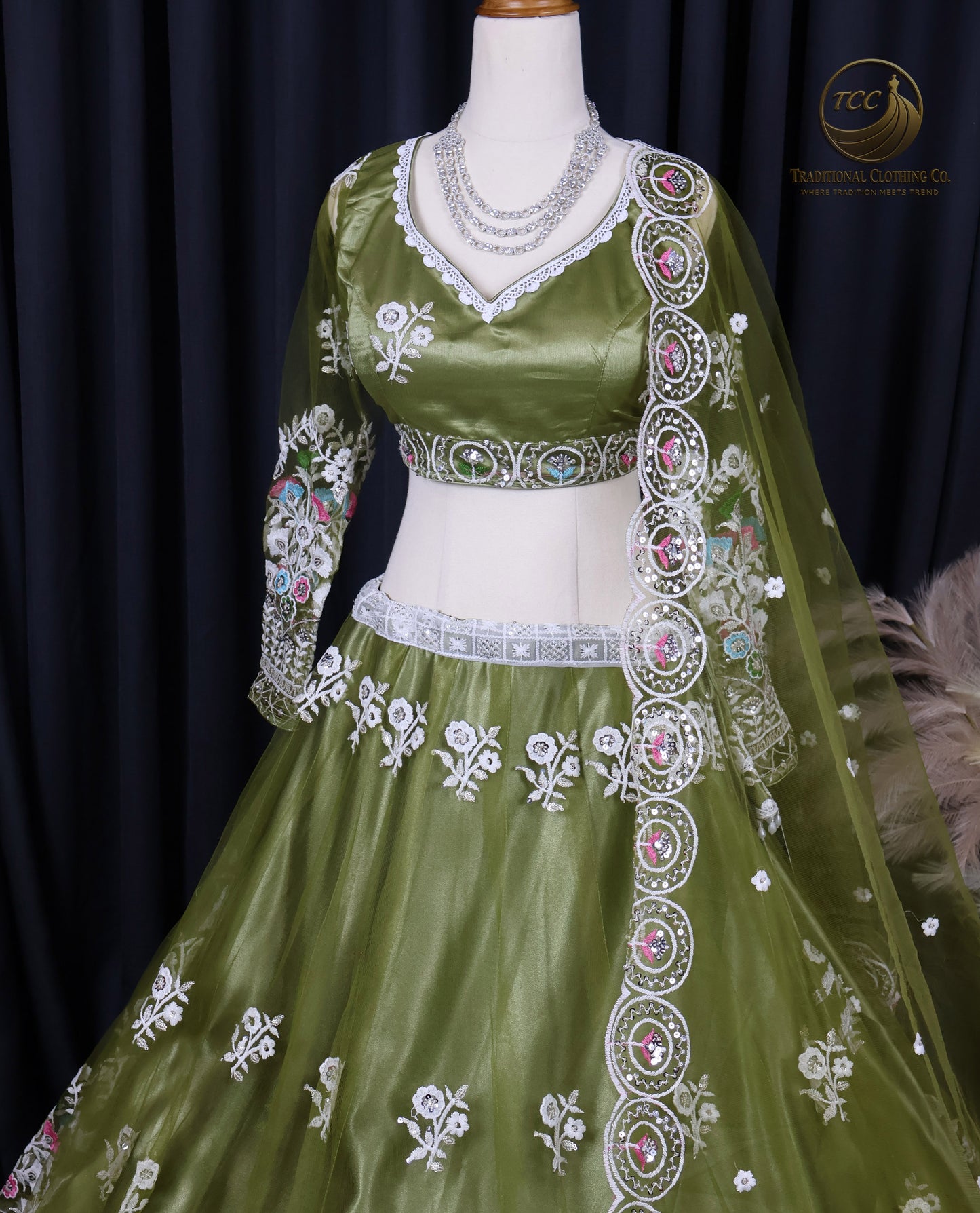 Elegant Olive-Green Lehenga Choli with Intricate Floral Embroidery – Traditional Festive Wear