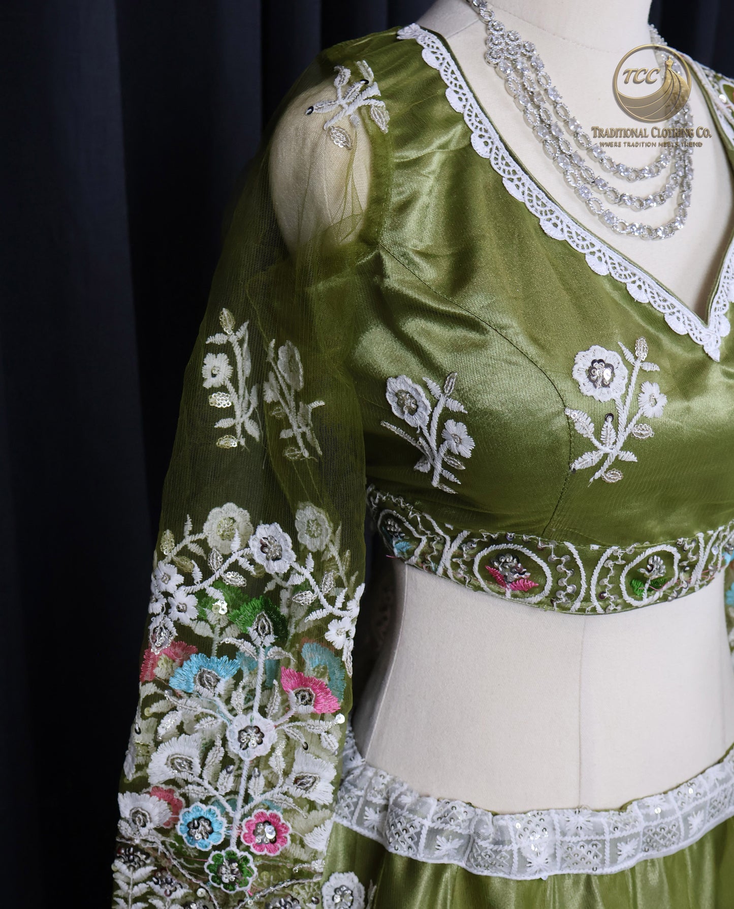 Elegant Olive-Green Lehenga Choli with Intricate Floral Embroidery – Traditional Festive Wear