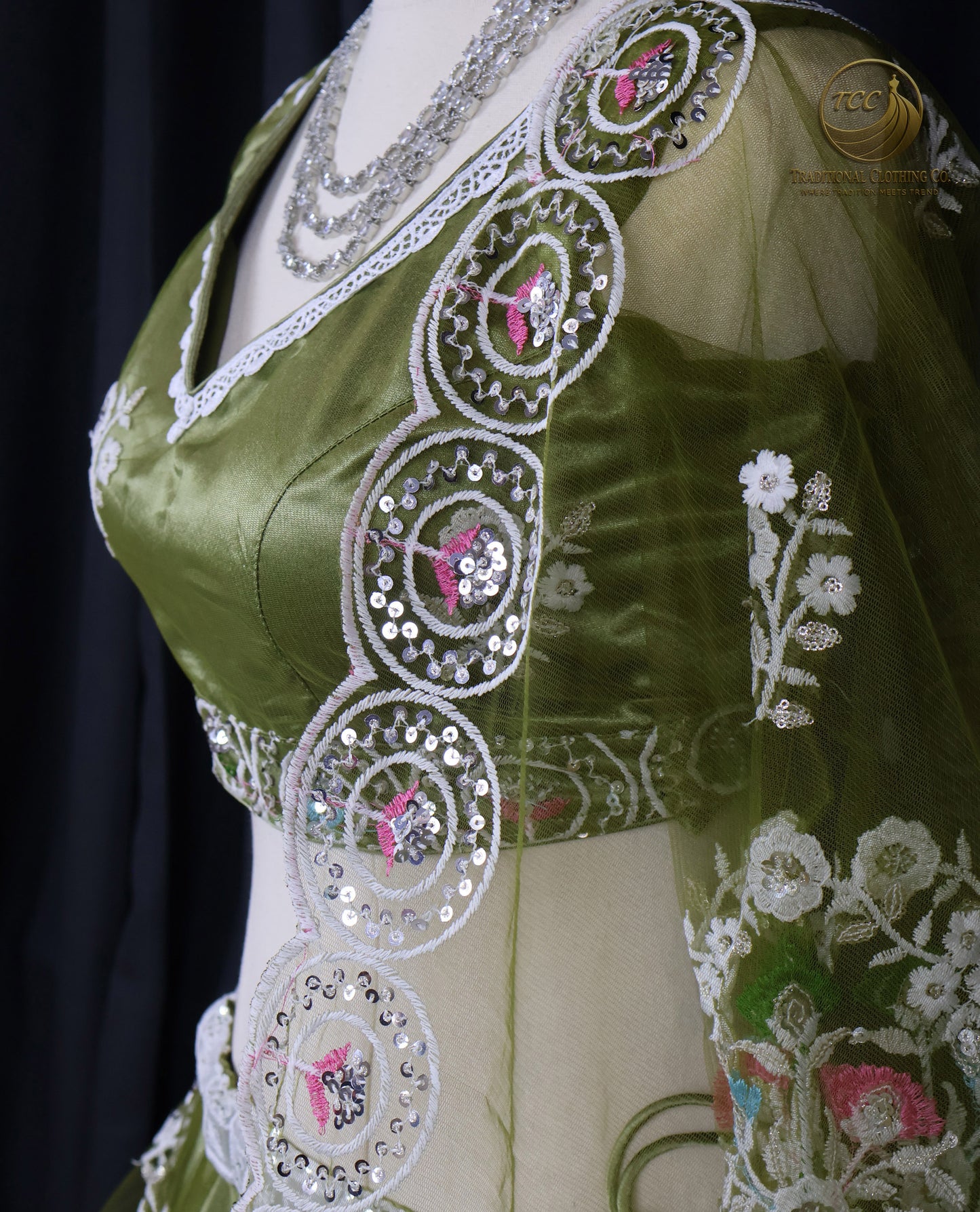 Elegant Olive-Green Lehenga Choli with Intricate Floral Embroidery – Traditional Festive Wear