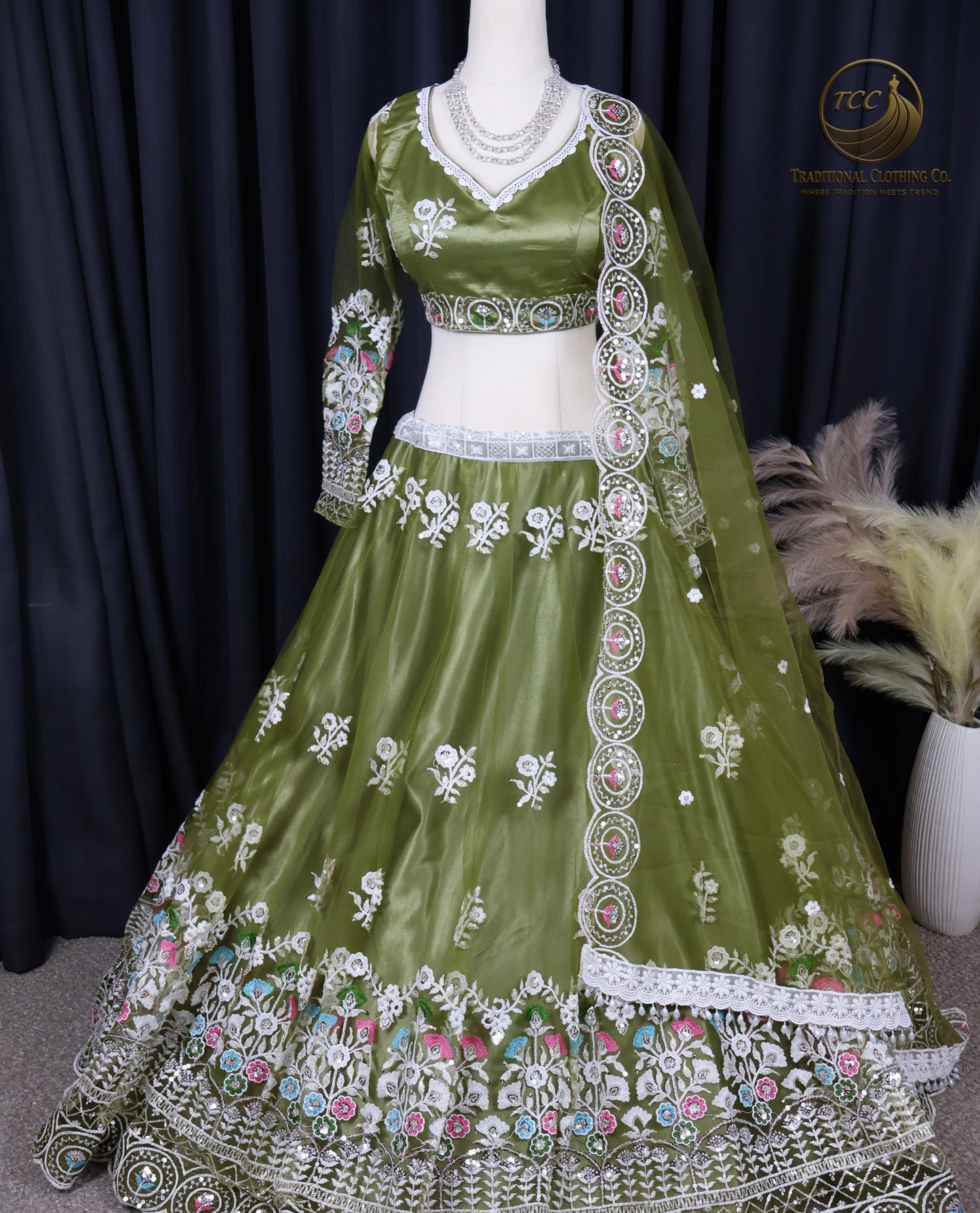 Elegant Olive-Green Lehenga Choli with Intricate Floral Embroidery – Traditional Festive Wear