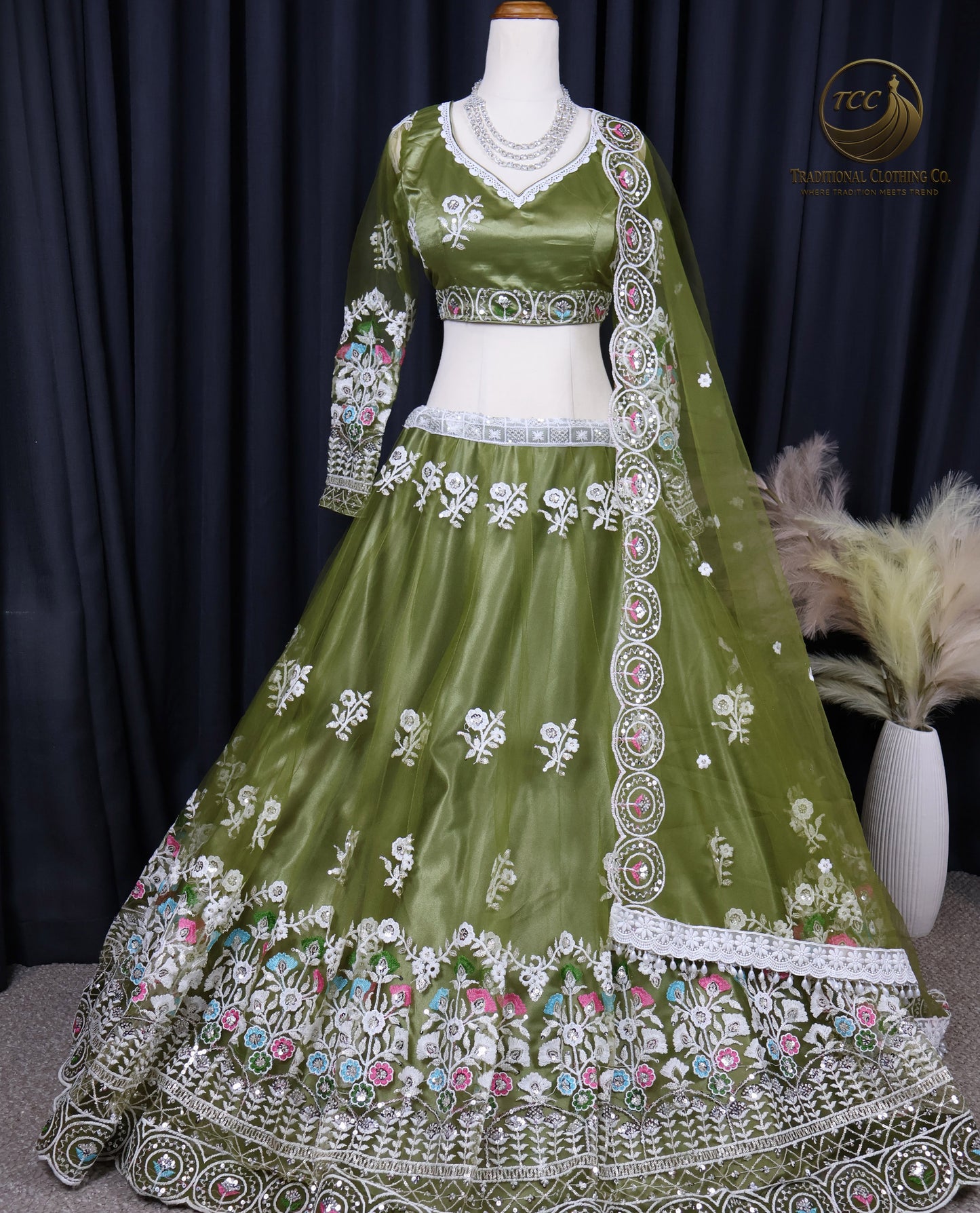 Elegant Olive-Green Lehenga Choli with Intricate Floral Embroidery – Traditional Festive Wear