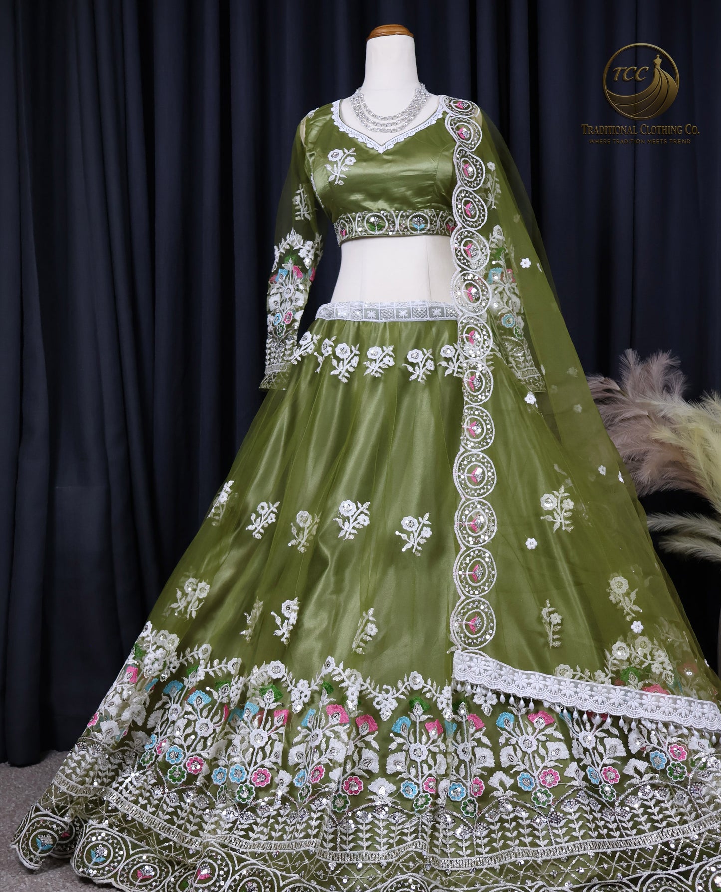 Elegant Olive-Green Lehenga Choli with Intricate Floral Embroidery – Traditional Festive Wear