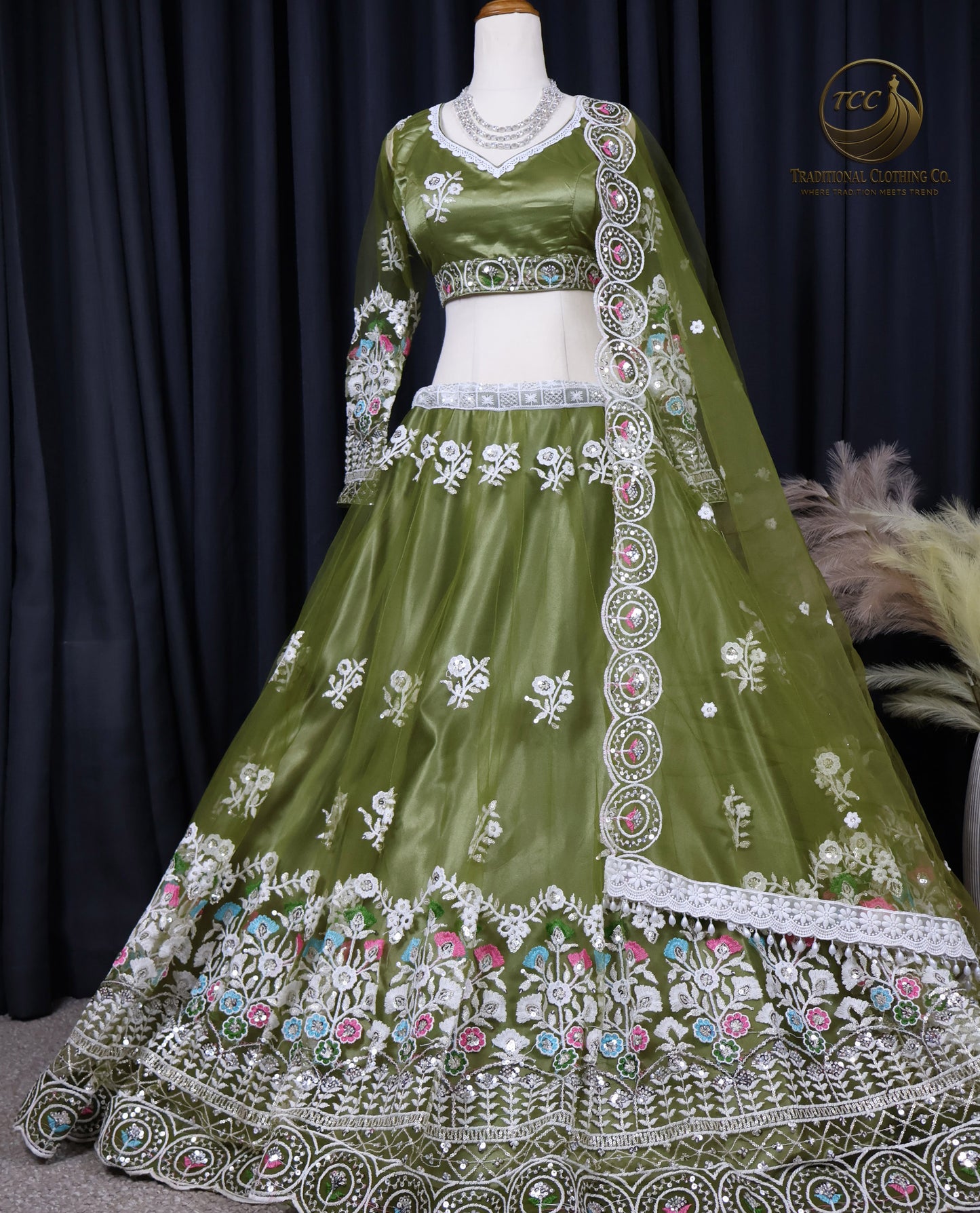 Elegant Olive-Green Lehenga Choli with Intricate Floral Embroidery – Traditional Festive Wear