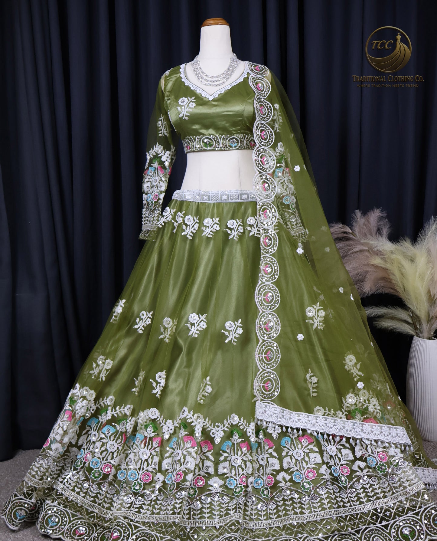 Elegant Olive-Green Lehenga Choli with Intricate Floral Embroidery – Traditional Festive Wear
