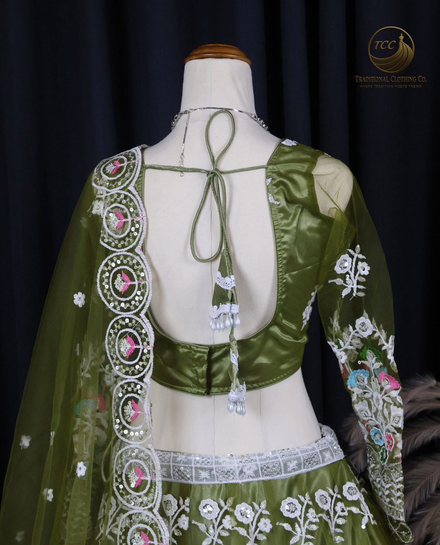 Elegant Olive-Green Lehenga Choli with Intricate Floral Embroidery – Traditional Festive Wear