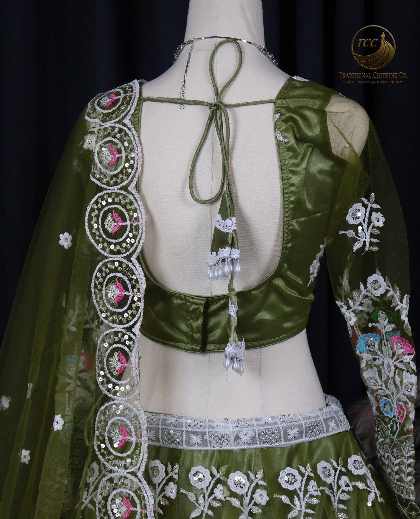 Elegant Olive-Green Lehenga Choli with Intricate Floral Embroidery – Traditional Festive Wear