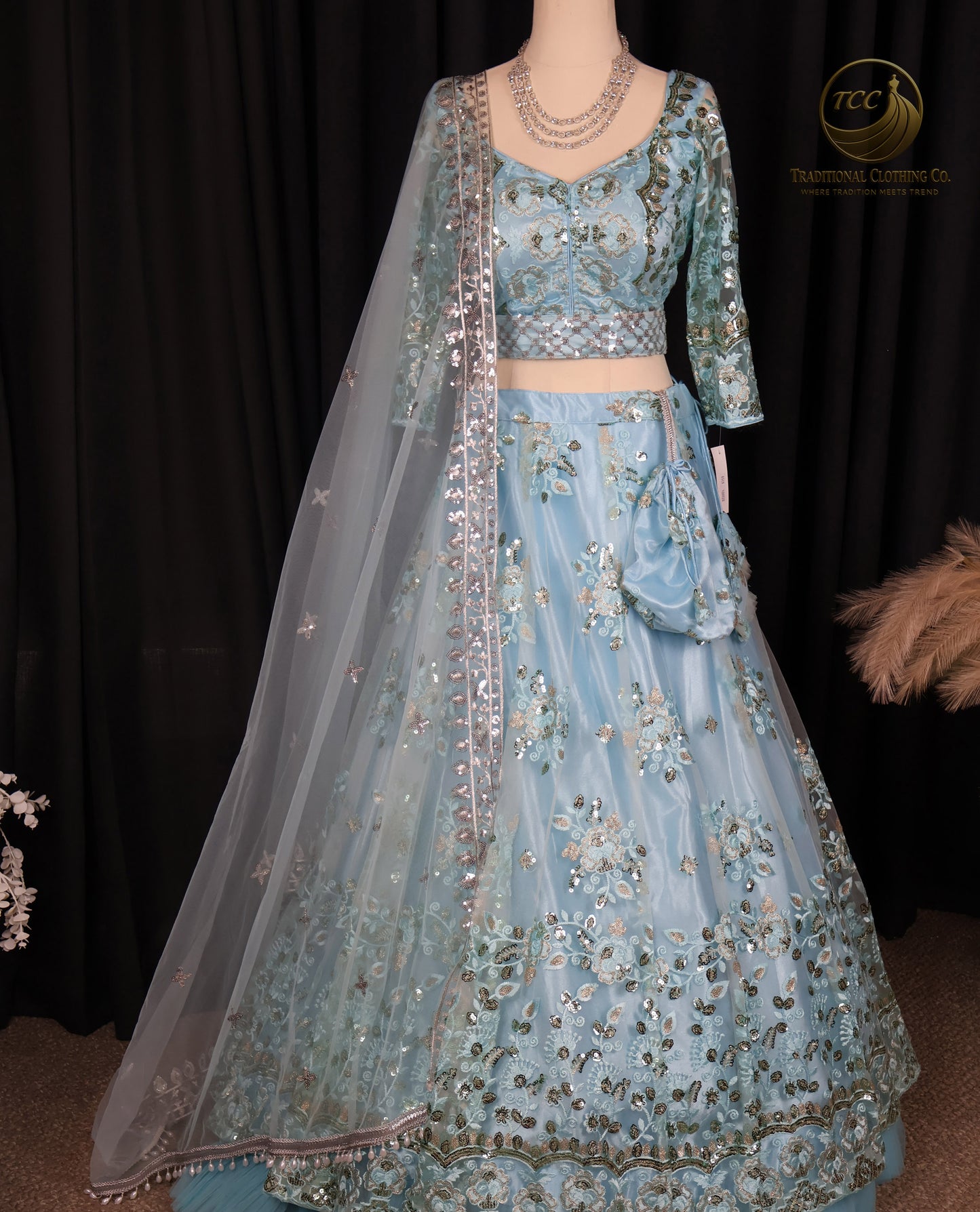 Elegant Light Blue Lehenga Choli with Intricate Sequin & Embroidery – Traditional Festive Wear