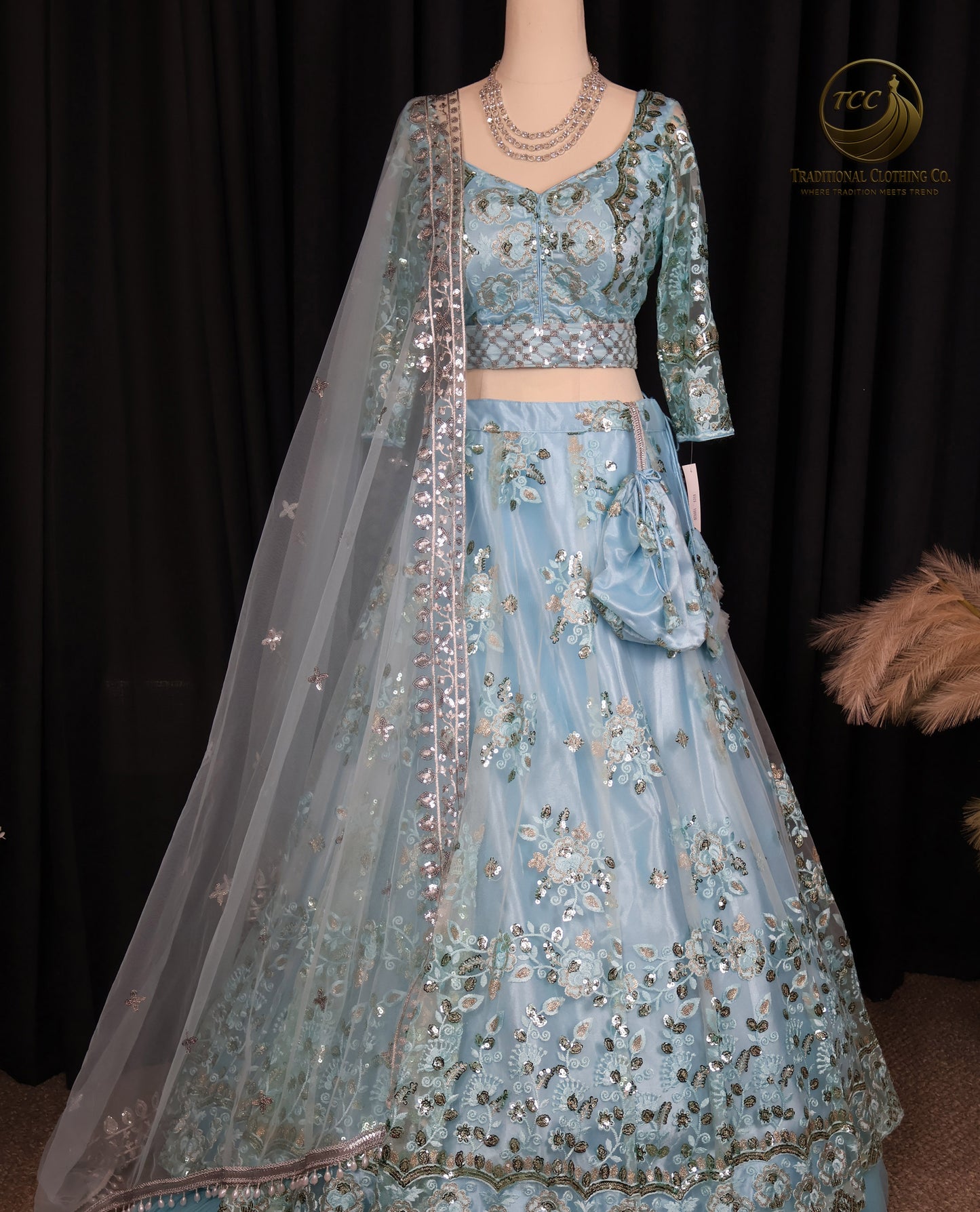 Elegant Light Blue Lehenga Choli with Intricate Sequin & Embroidery – Traditional Festive Wear