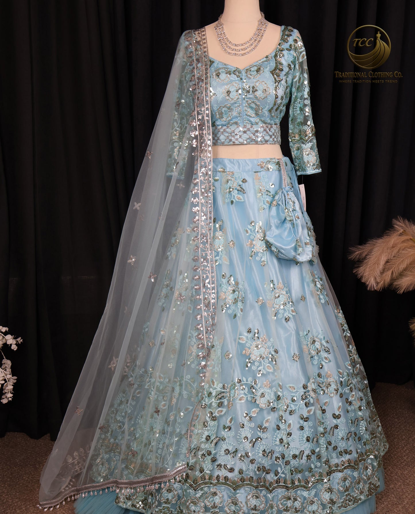 Elegant Light Blue Lehenga Choli with Intricate Sequin & Embroidery – Traditional Festive Wear