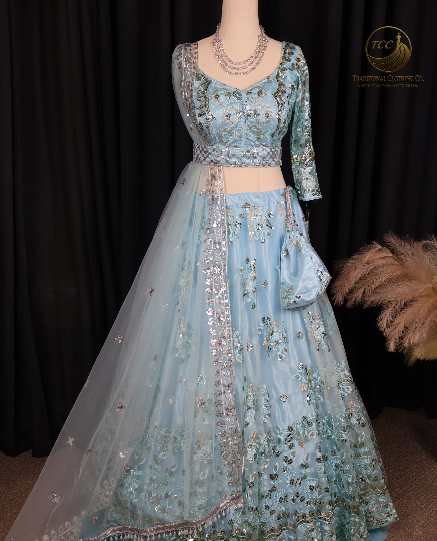 Elegant Light Blue Lehenga Choli with Intricate Sequin & Embroidery – Traditional Festive Wear