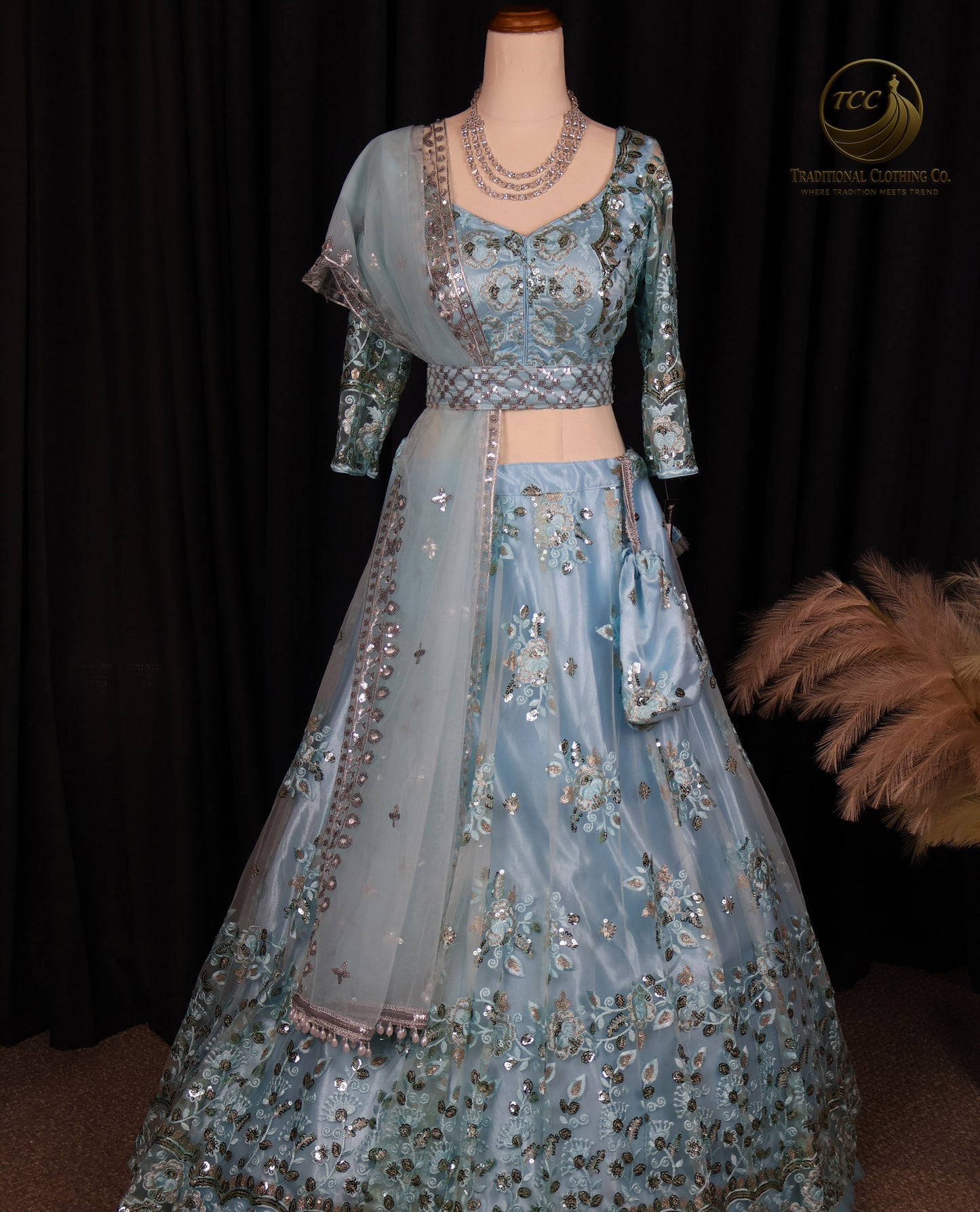 Elegant Light Blue Lehenga Choli with Intricate Sequin & Embroidery – Traditional Festive Wear