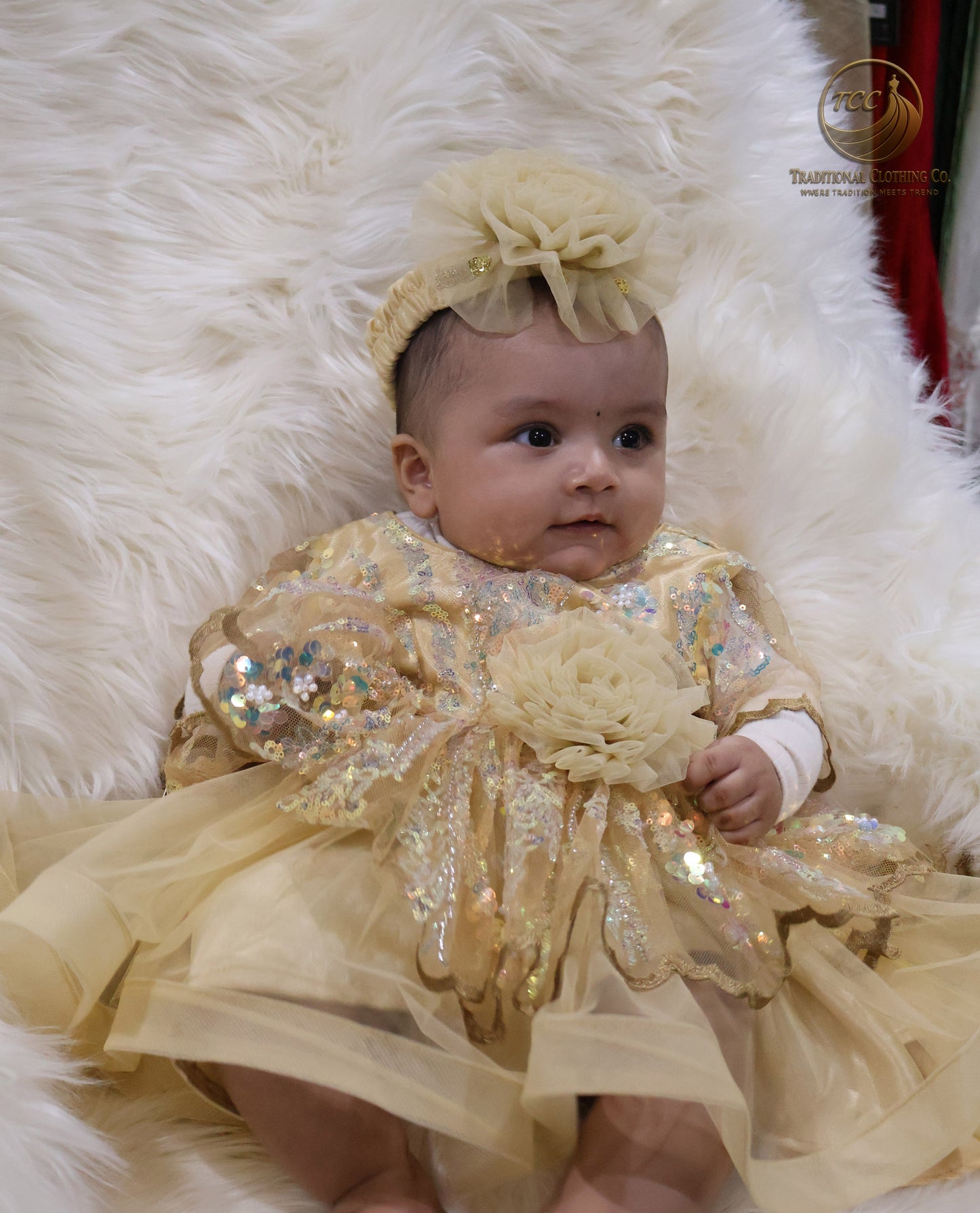 Luxury Golden Baby Dress with Sparkling Sequins & Layered Tulle – Boutique Edition