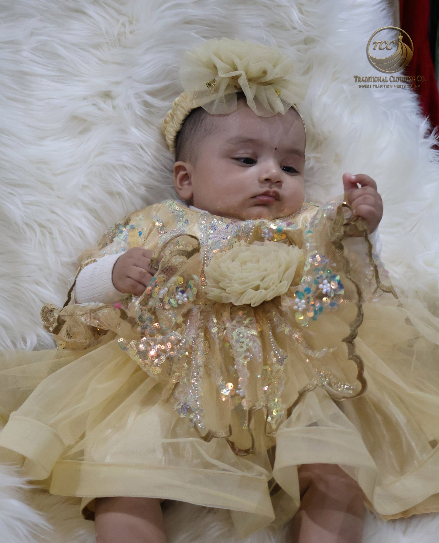 Luxury Golden Baby Dress with Sparkling Sequins & Layered Tulle – Boutique Edition