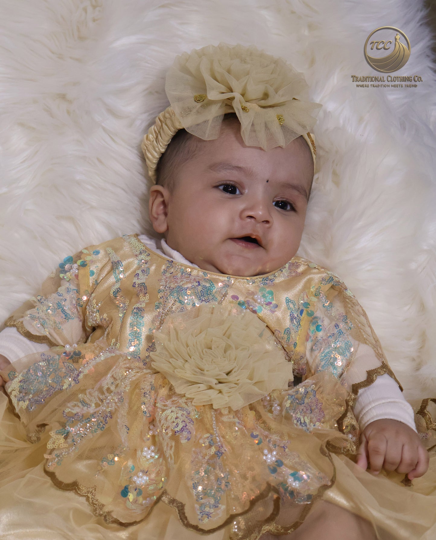 Luxury Golden Baby Dress with Sparkling Sequins & Layered Tulle – Boutique Edition