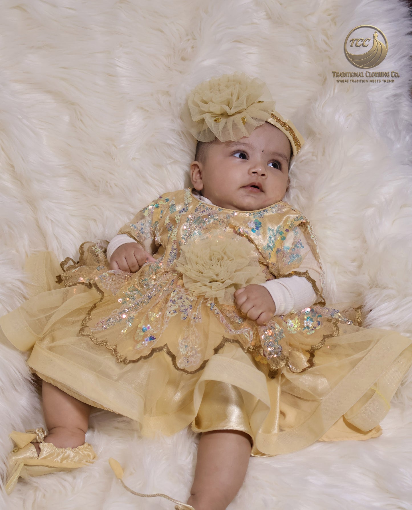 Luxury Golden Baby Dress with Sparkling Sequins & Layered Tulle – Boutique Edition