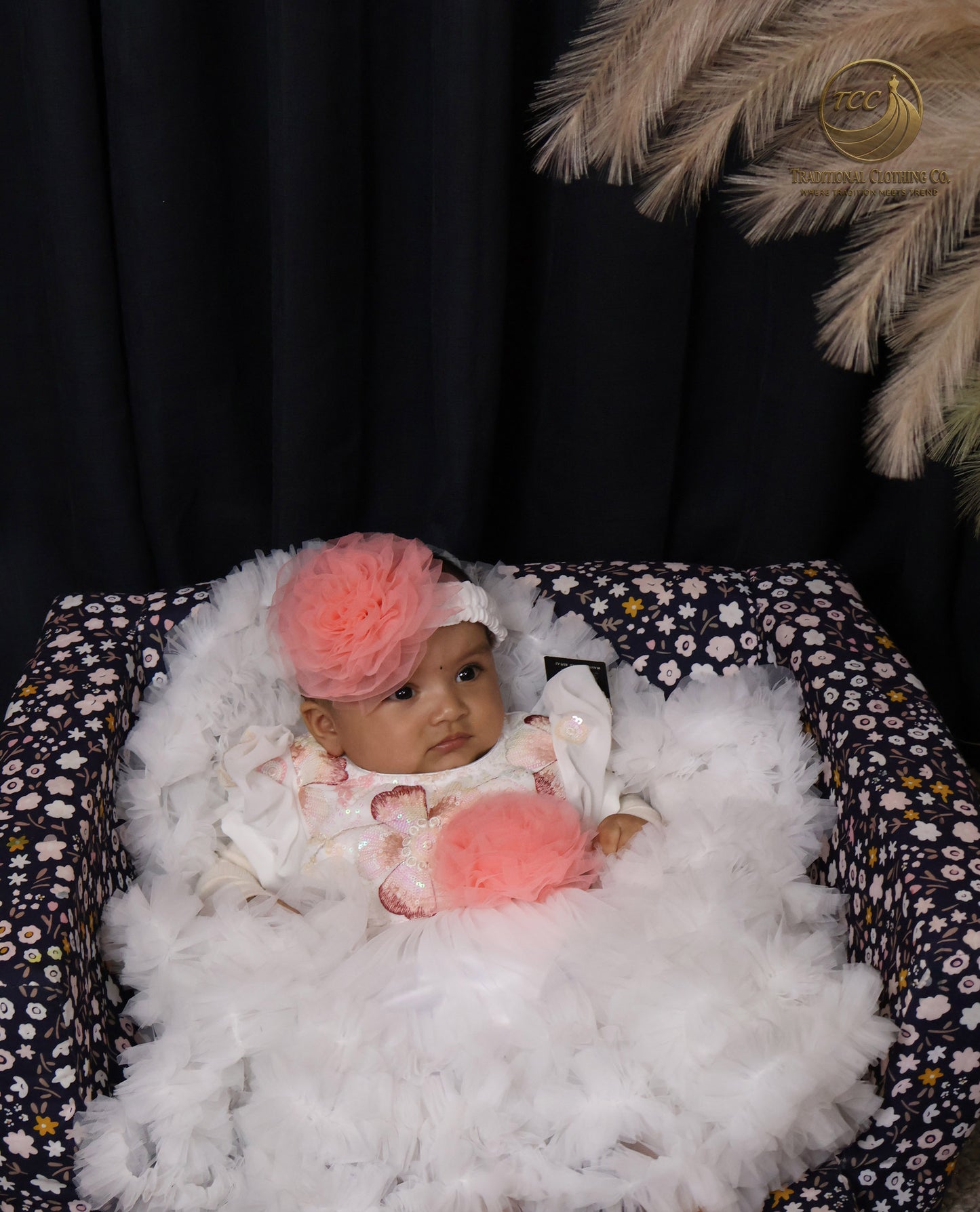 Elegant White Baby Dress with Pink Floral Accent – Special Occasion Wear