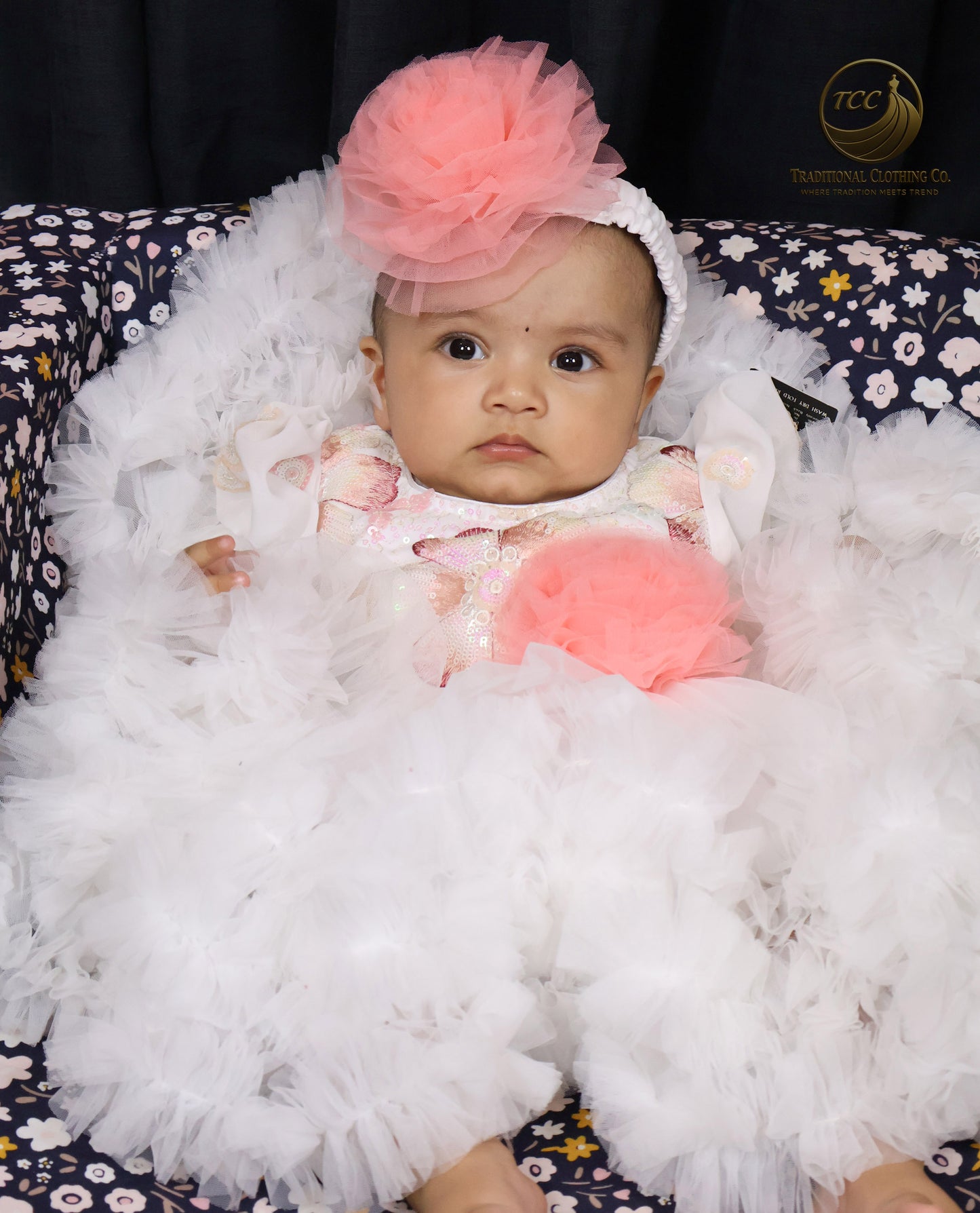 Elegant White Baby Dress with Pink Floral Accent – Special Occasion Wear