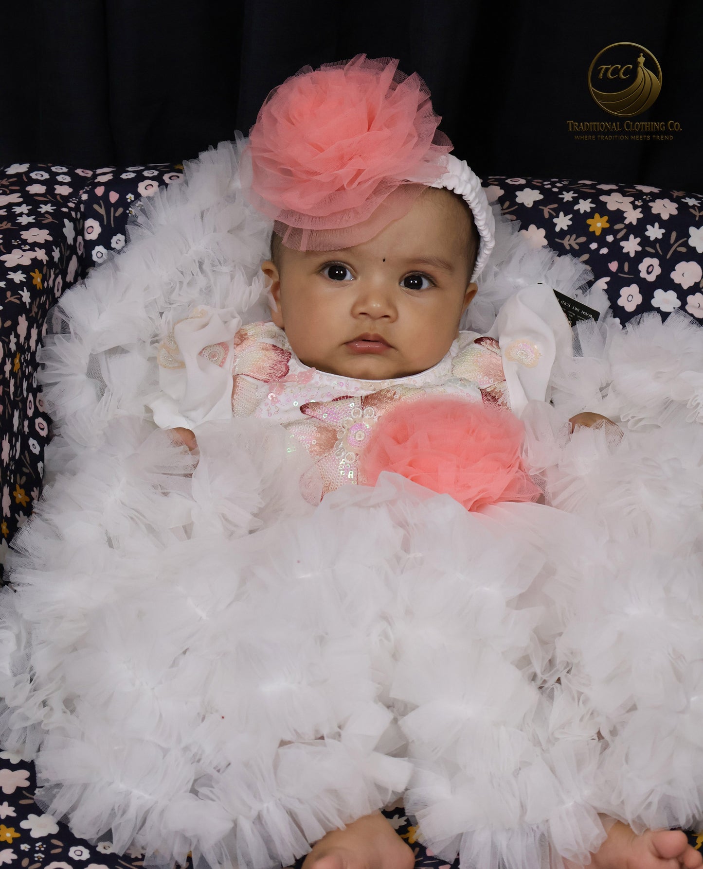 Elegant White Baby Dress with Pink Floral Accent – Special Occasion Wear