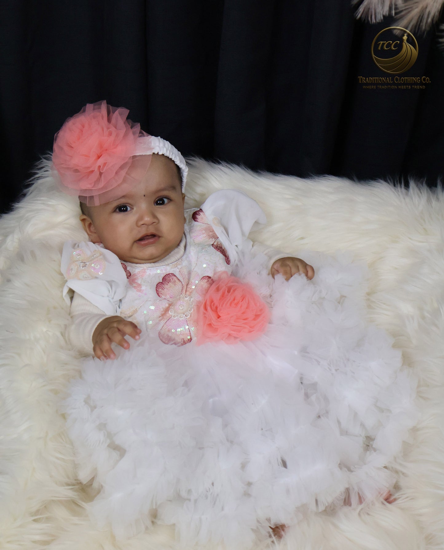 Elegant White Baby Dress with Pink Floral Accent – Special Occasion Wear