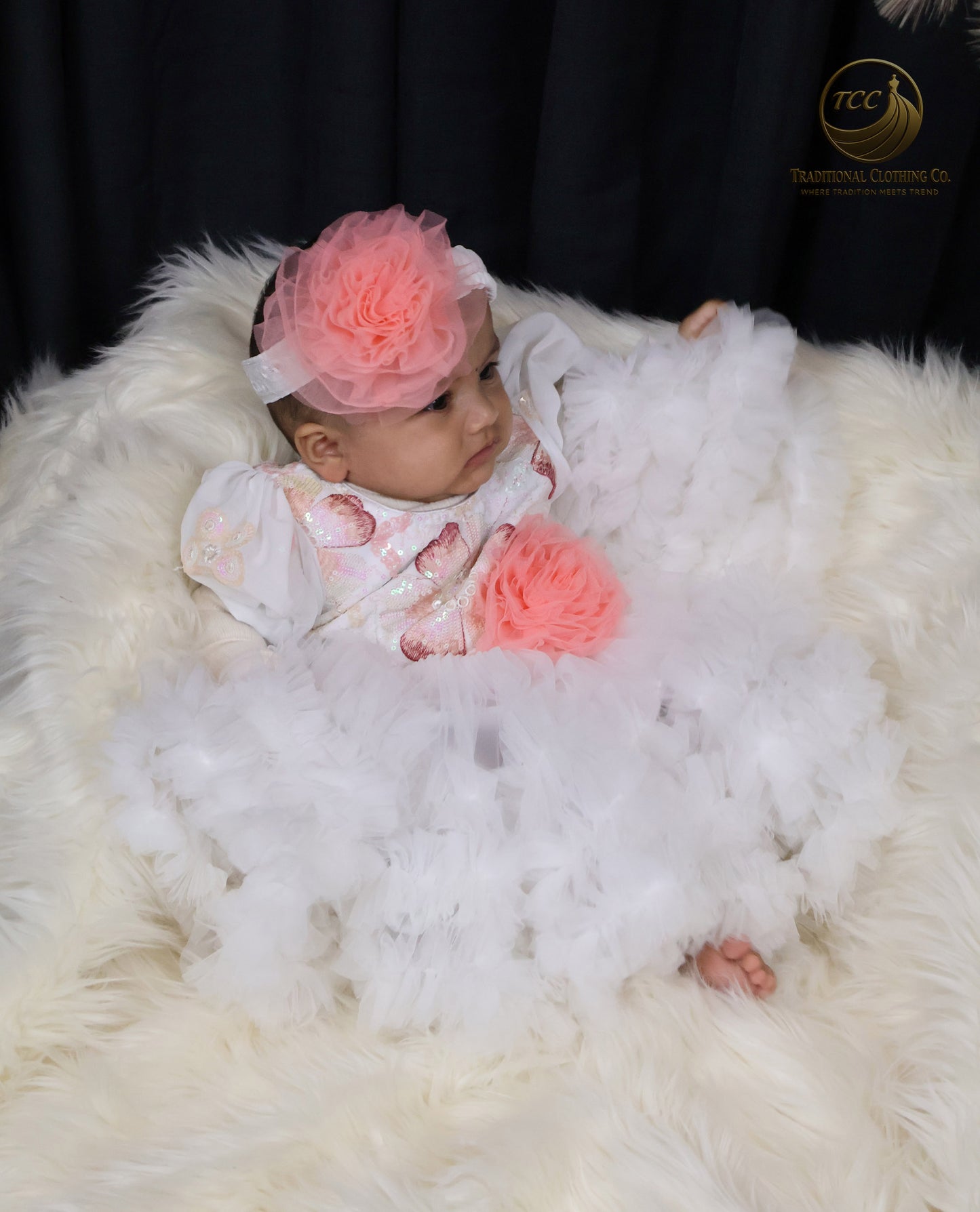 Elegant White Baby Dress with Pink Floral Accent – Special Occasion Wear