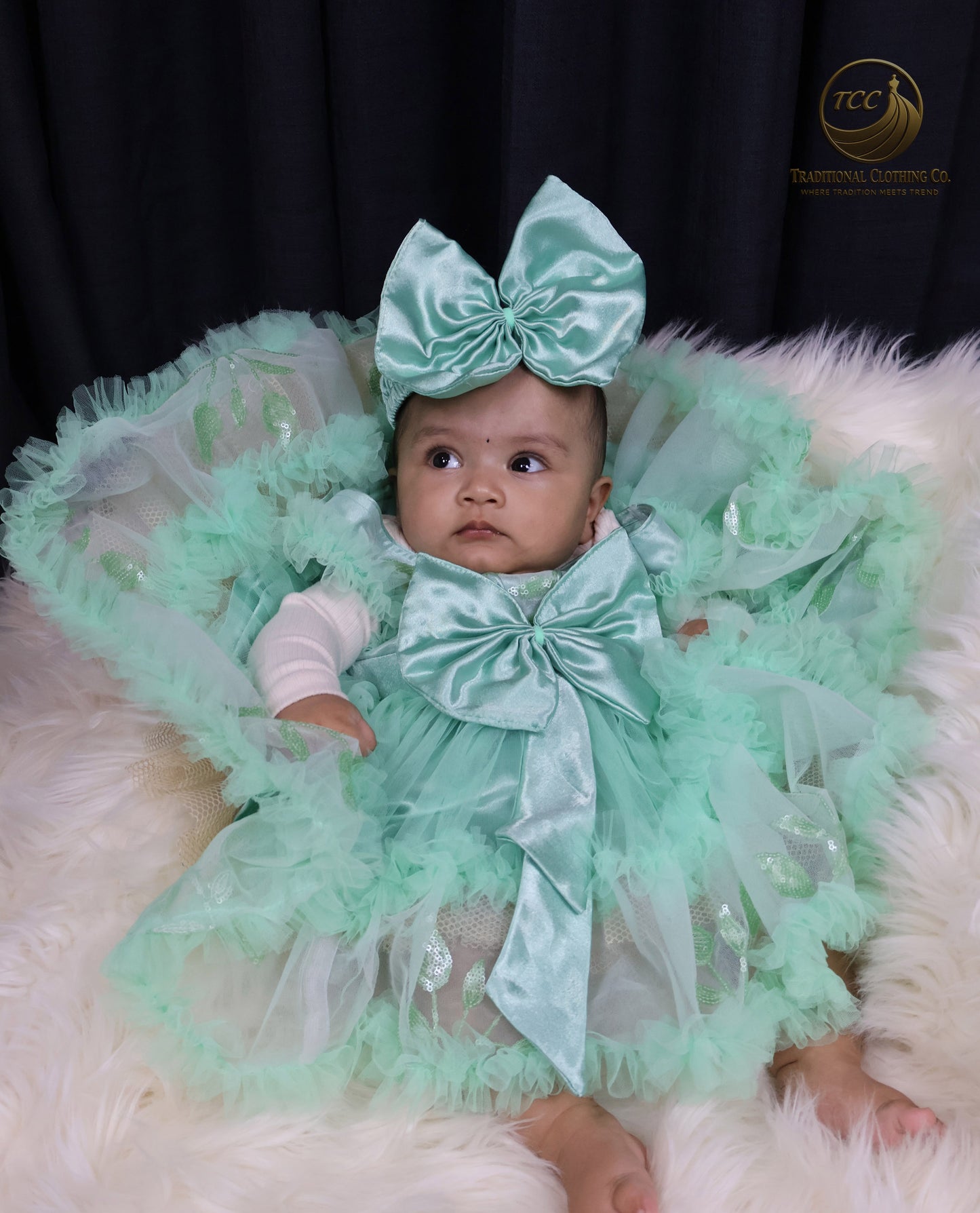 Elegant Mint Green Baby Dress with Layered Tulle & Satin Bow – Special Occasion Wear