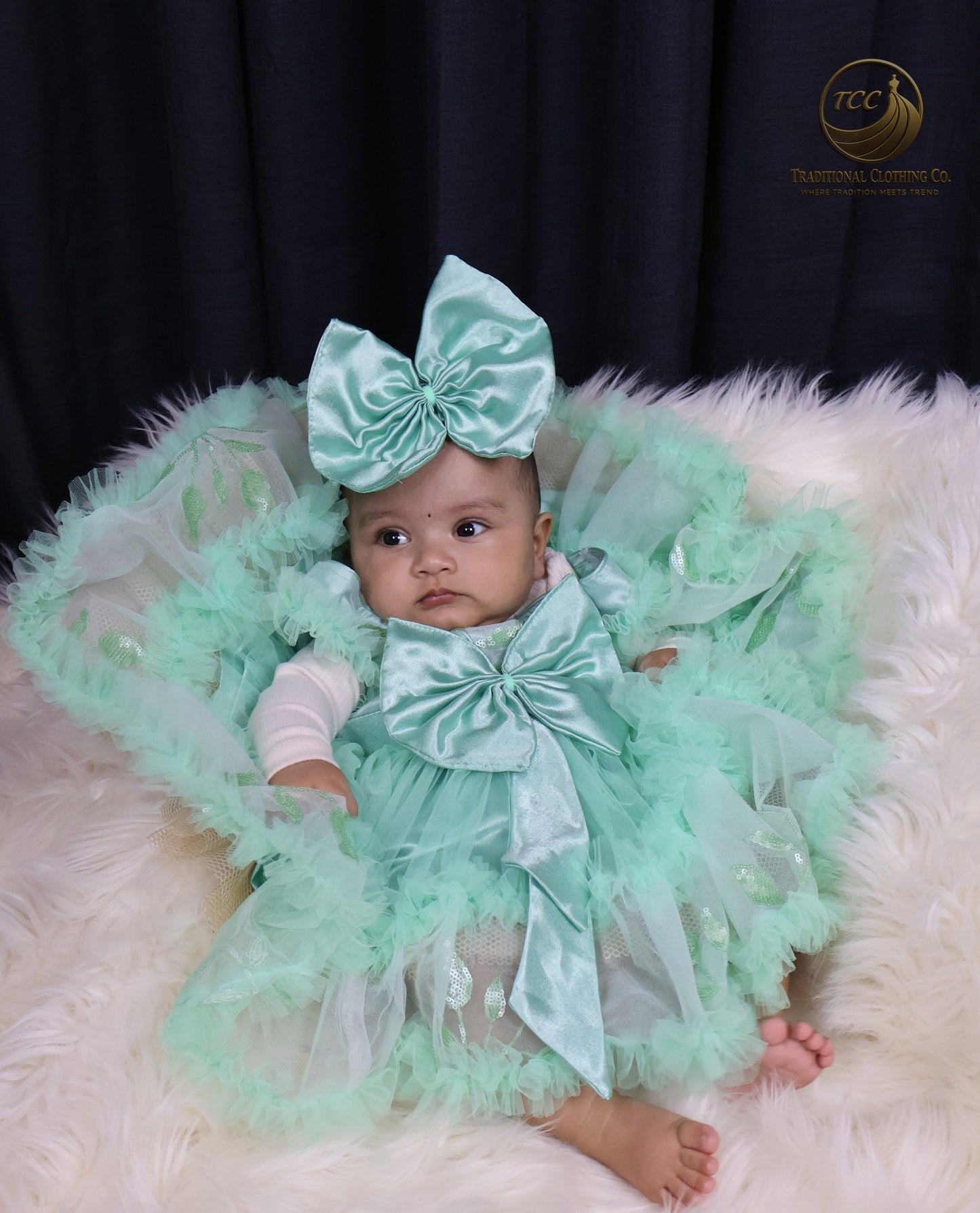 Elegant Mint Green Baby Dress with Layered Tulle & Satin Bow – Special Occasion Wear